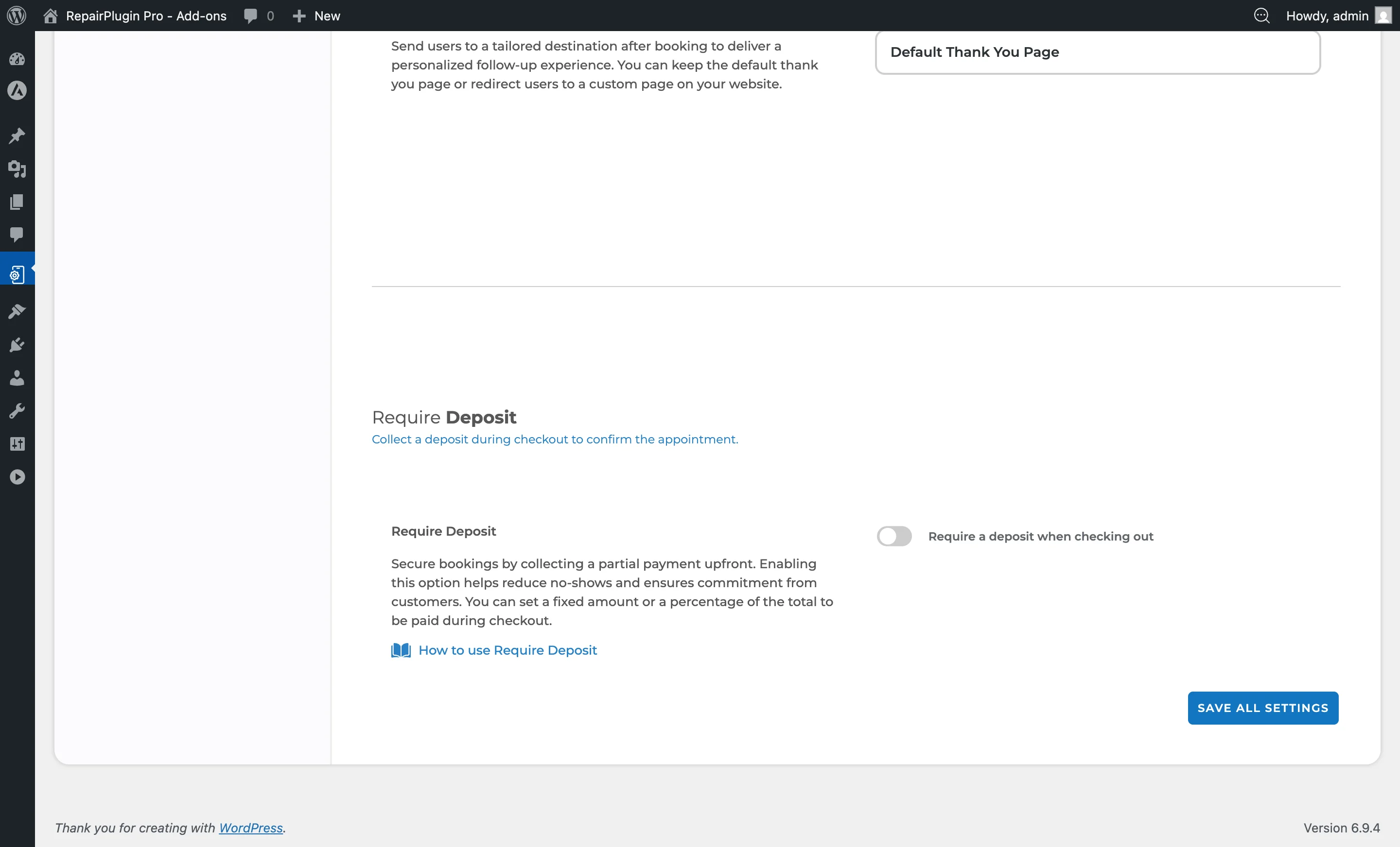 The Require Deposit section showing the enable switch, deposit type, amount, and charge full amount threshold