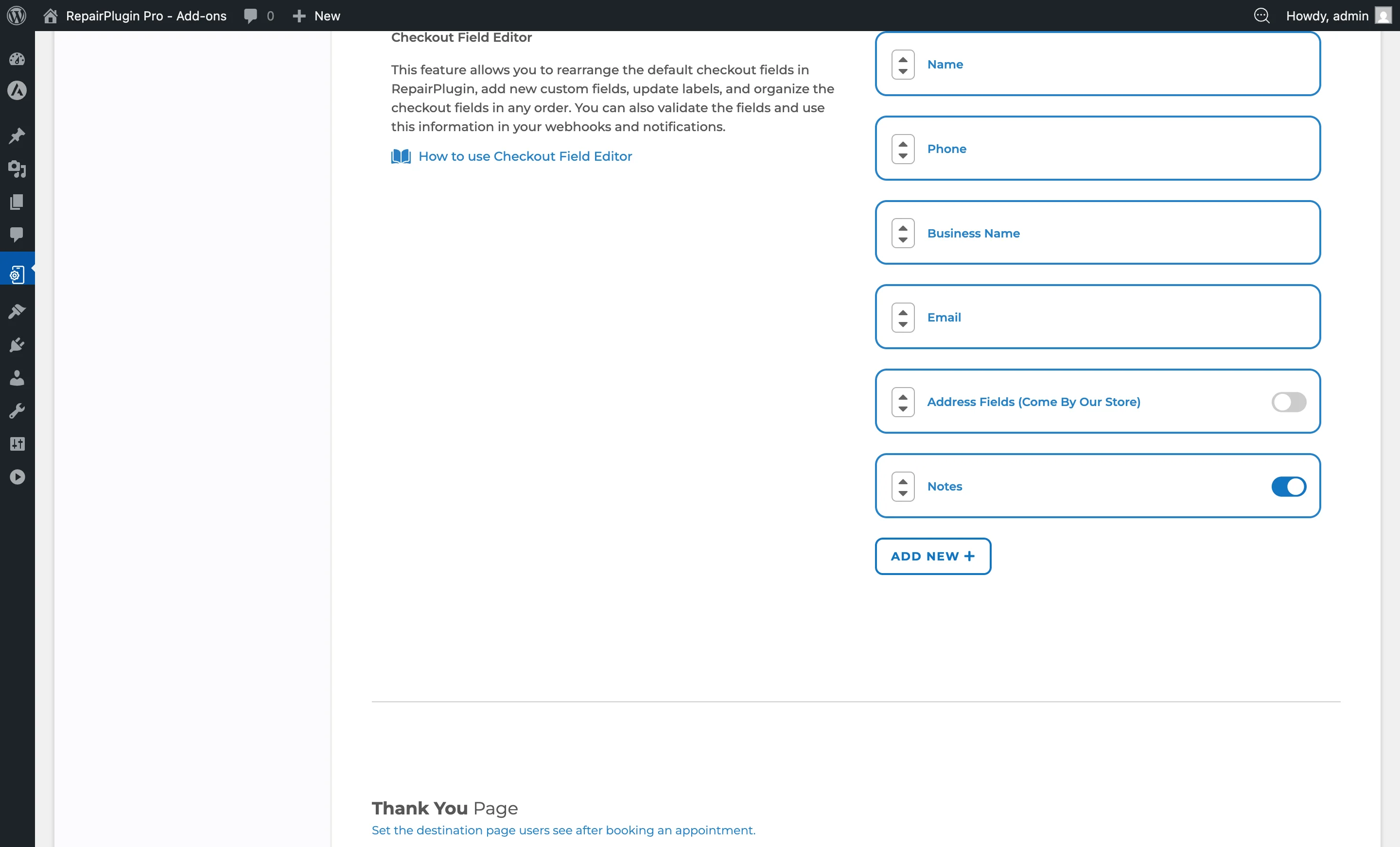 The Checkout Field Editor section showing the Address Fields entry with on/off switch and position controls