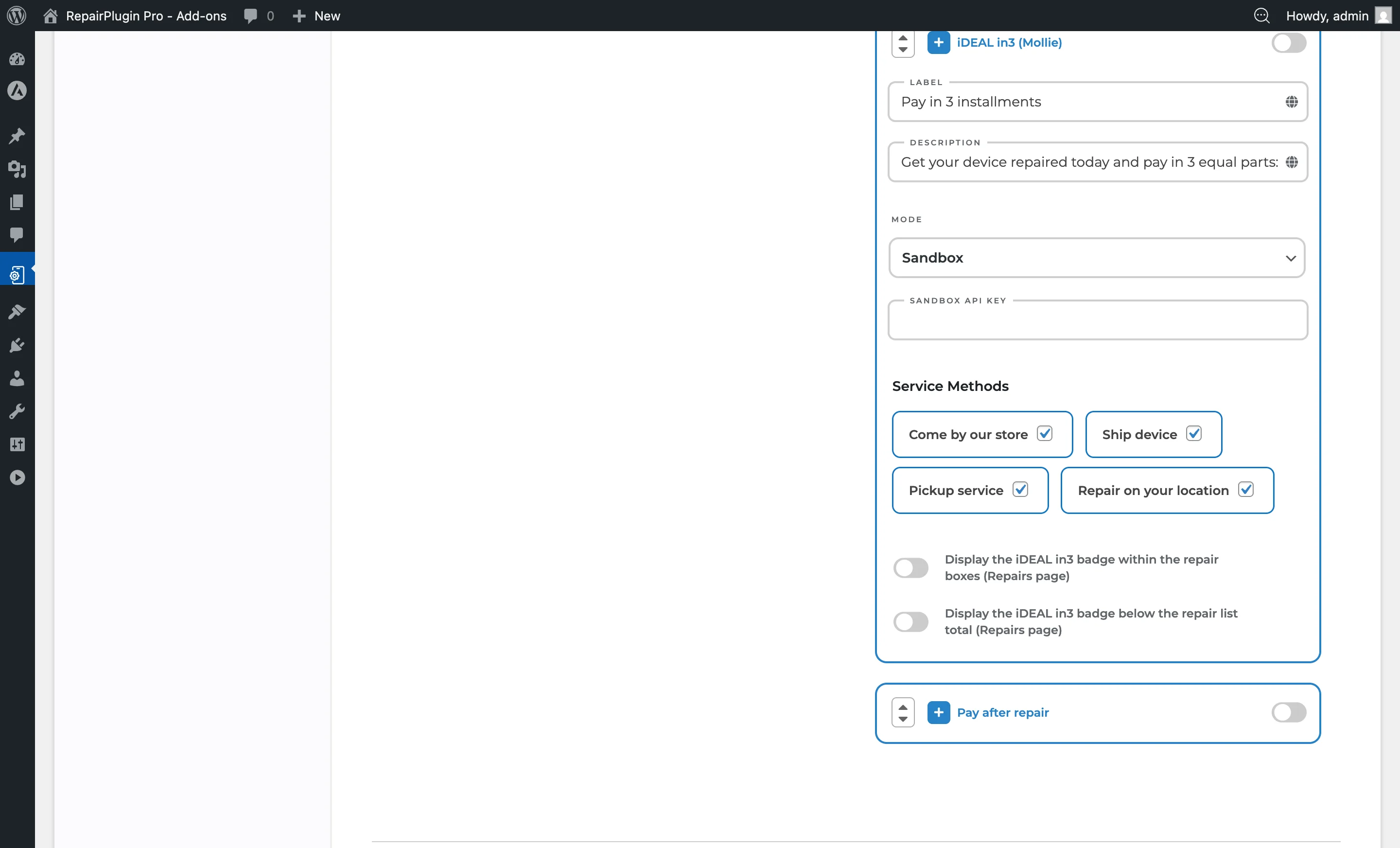 The iDEAL in3 payment method configuration showing API credentials and bank selection