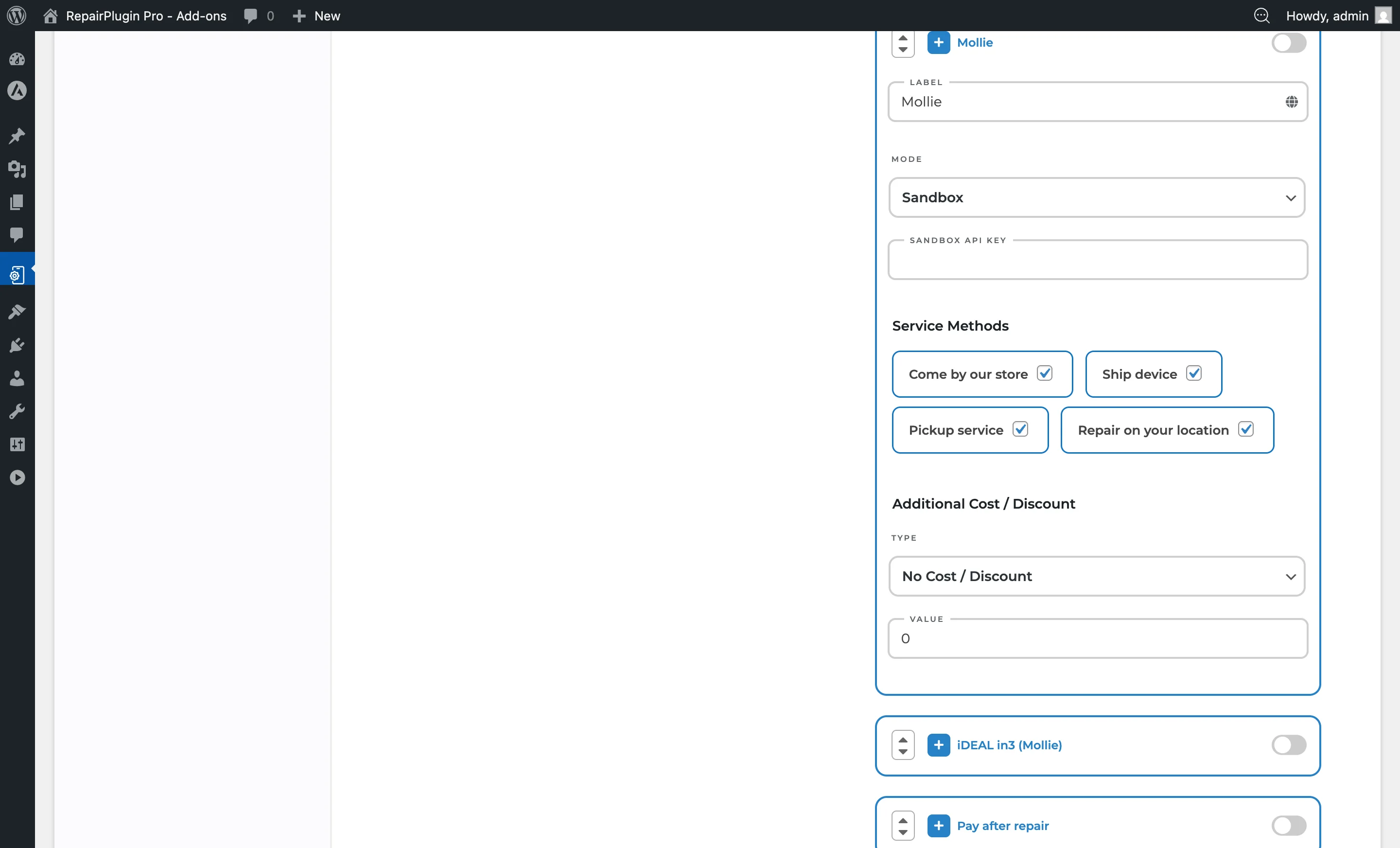 The Mollie payment method configuration showing API key field and payment method selection