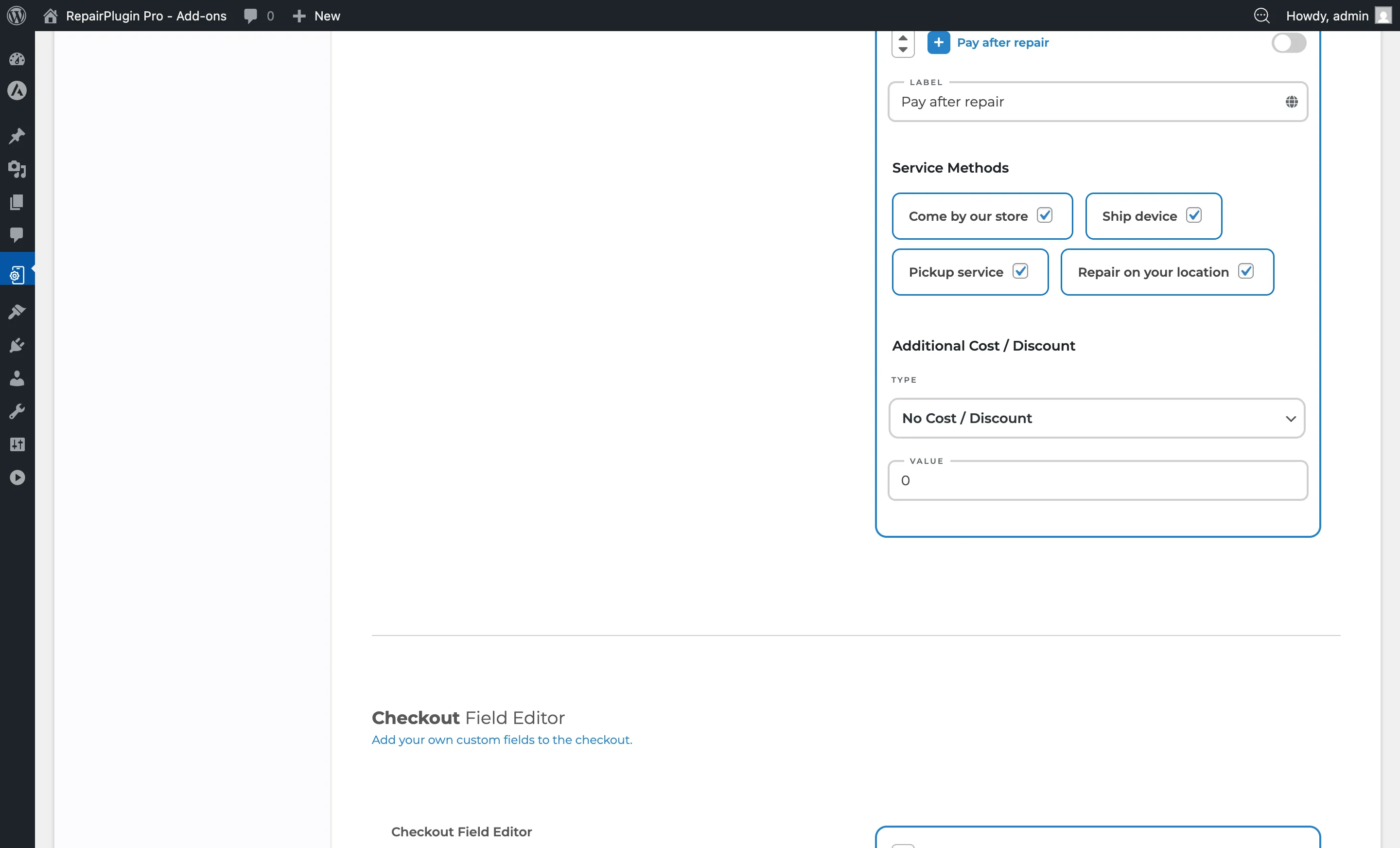 The Pay After Repair payment option configuration with enable toggle and description field