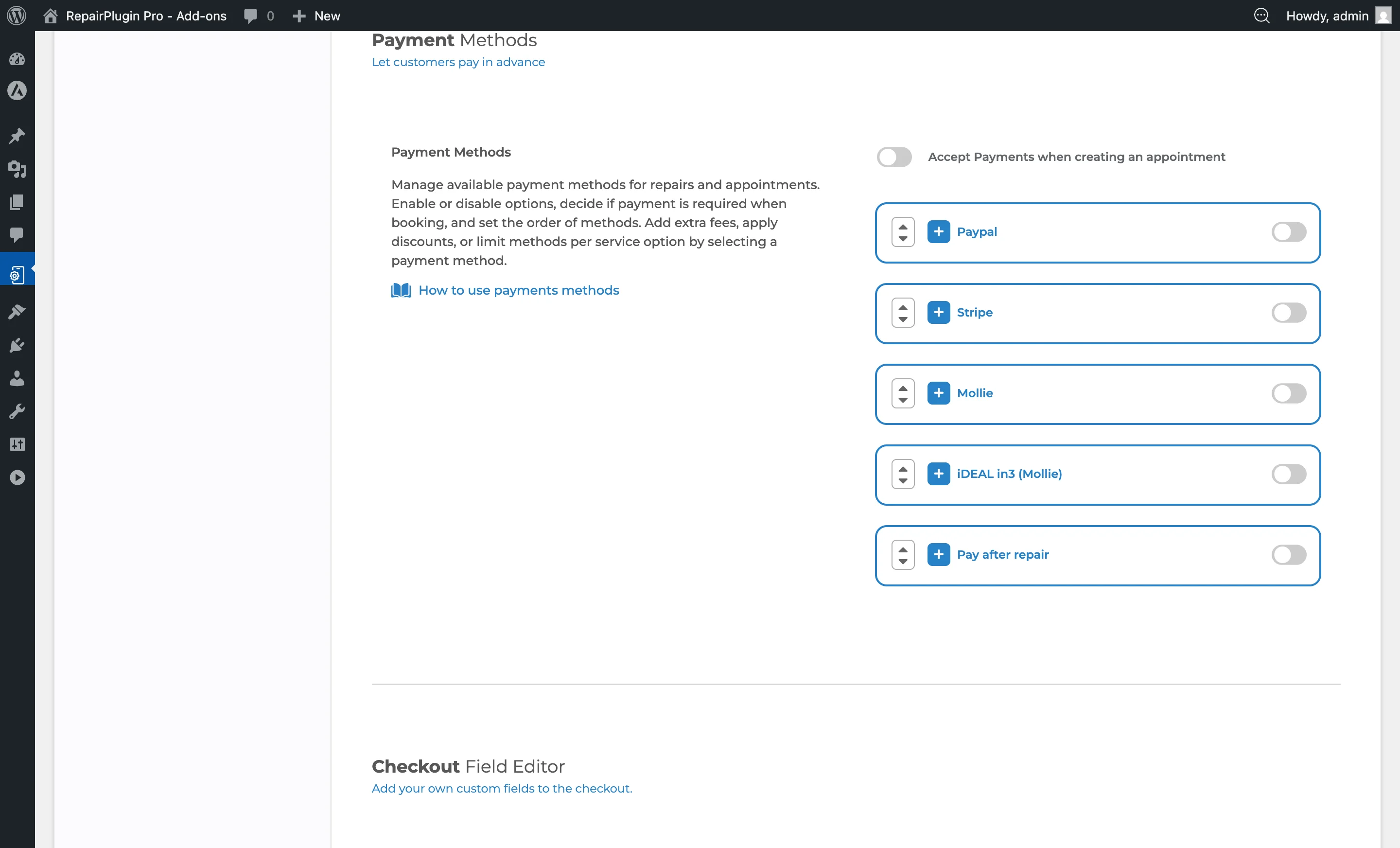 The Payment Methods section showing Stripe, PayPal, Mollie, iDEAL in3, and Pay after repair with on/off switches