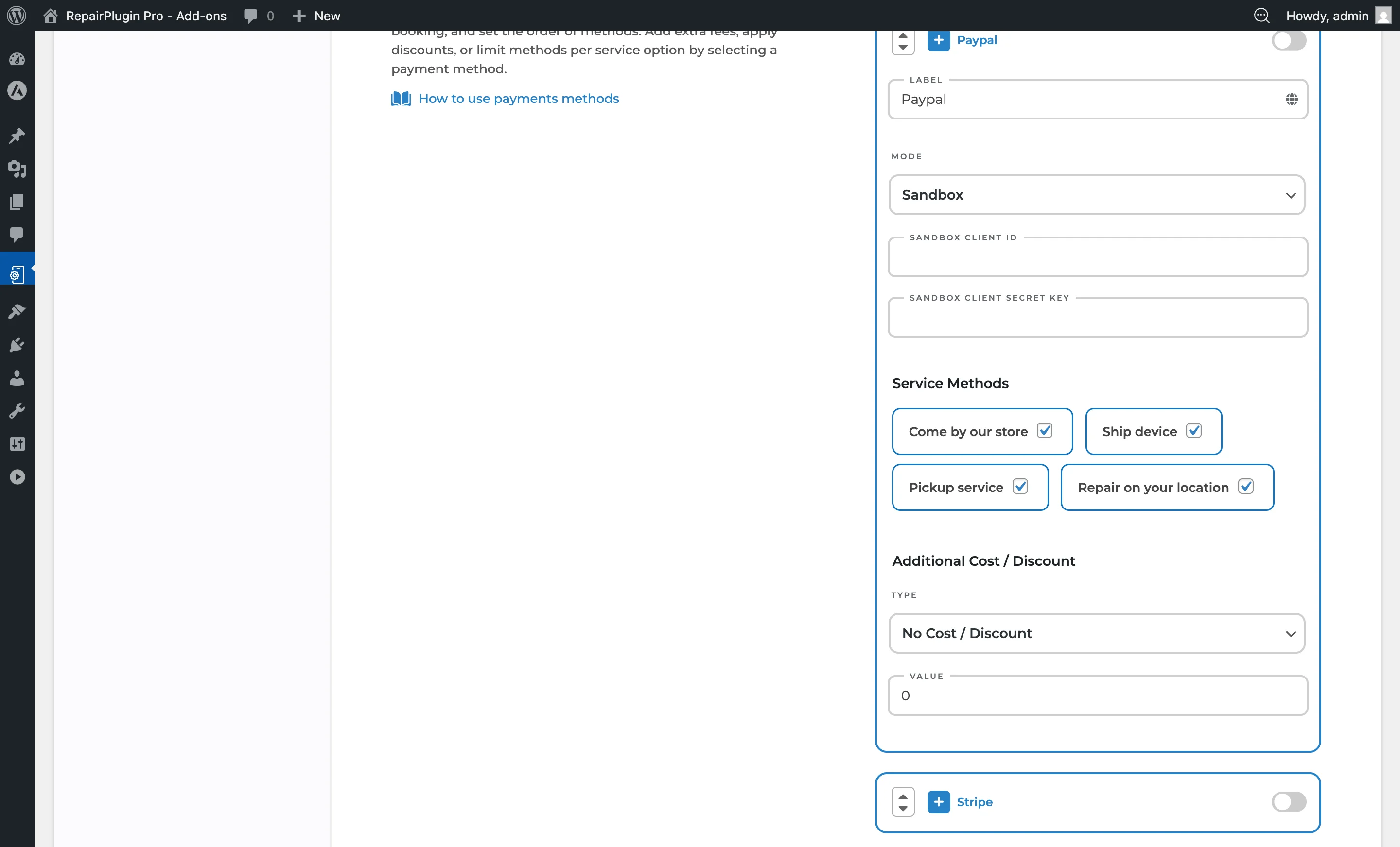 The PayPal payment method configuration showing API credentials and sandbox toggle