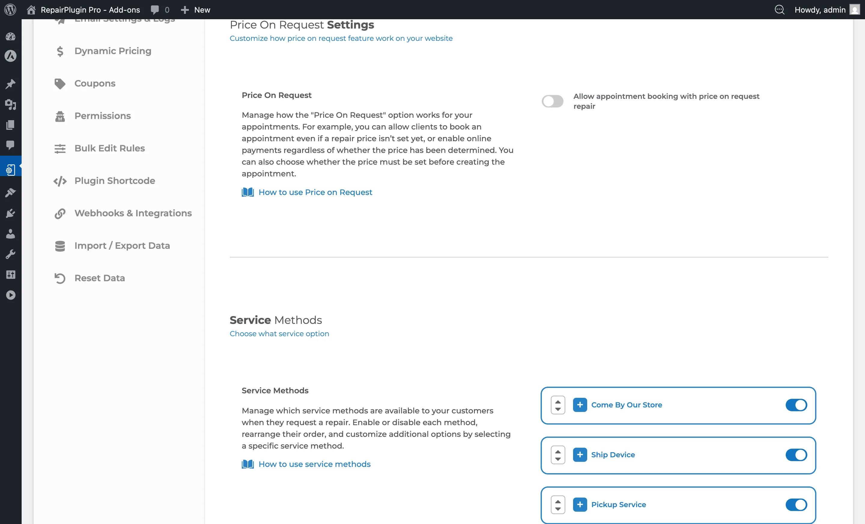 The Price On Request Settings section showing the booking switch, payment acceptance switch, and action dropdown