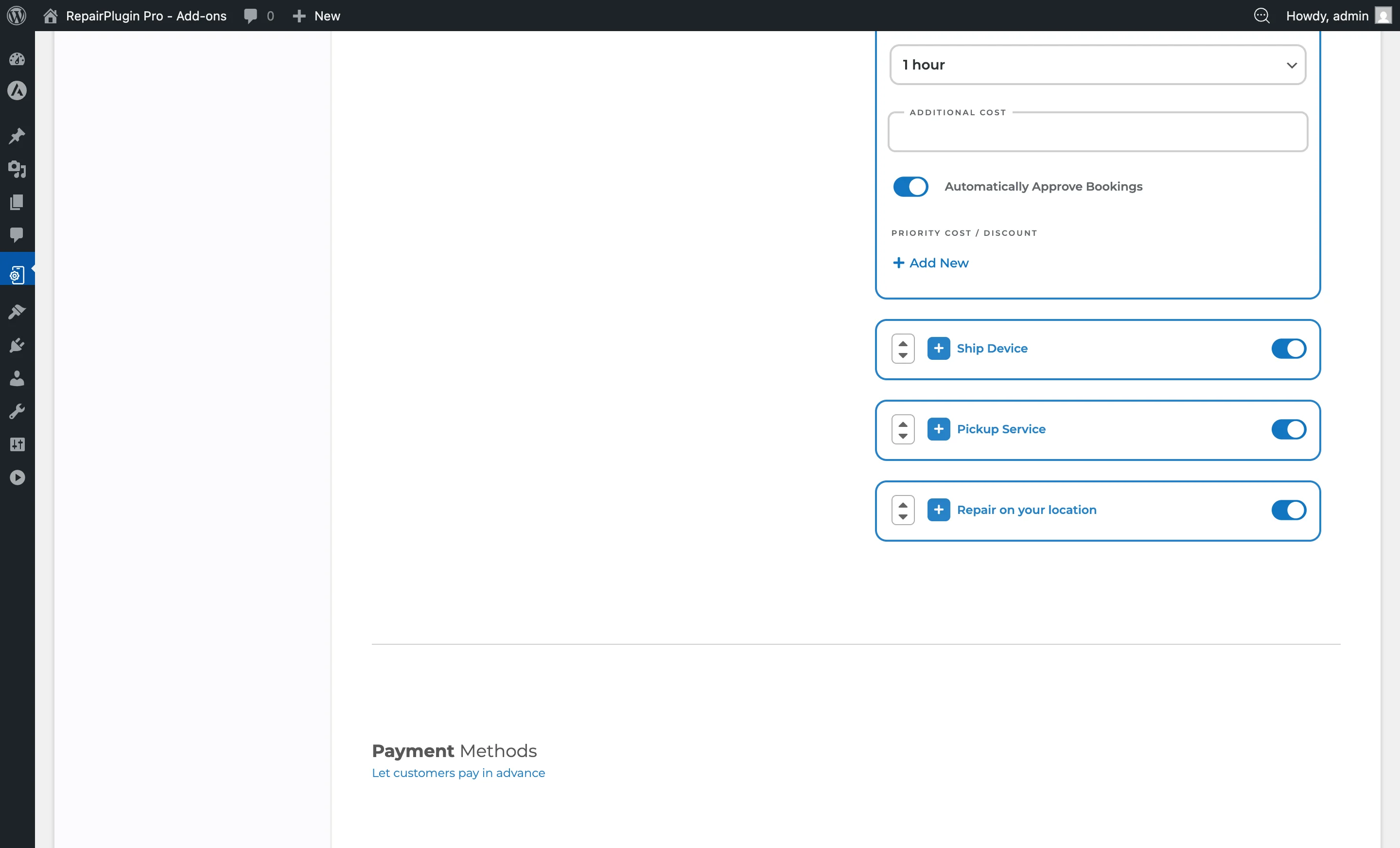 The priority repair options in service method settings showing priority levels and price surcharges
