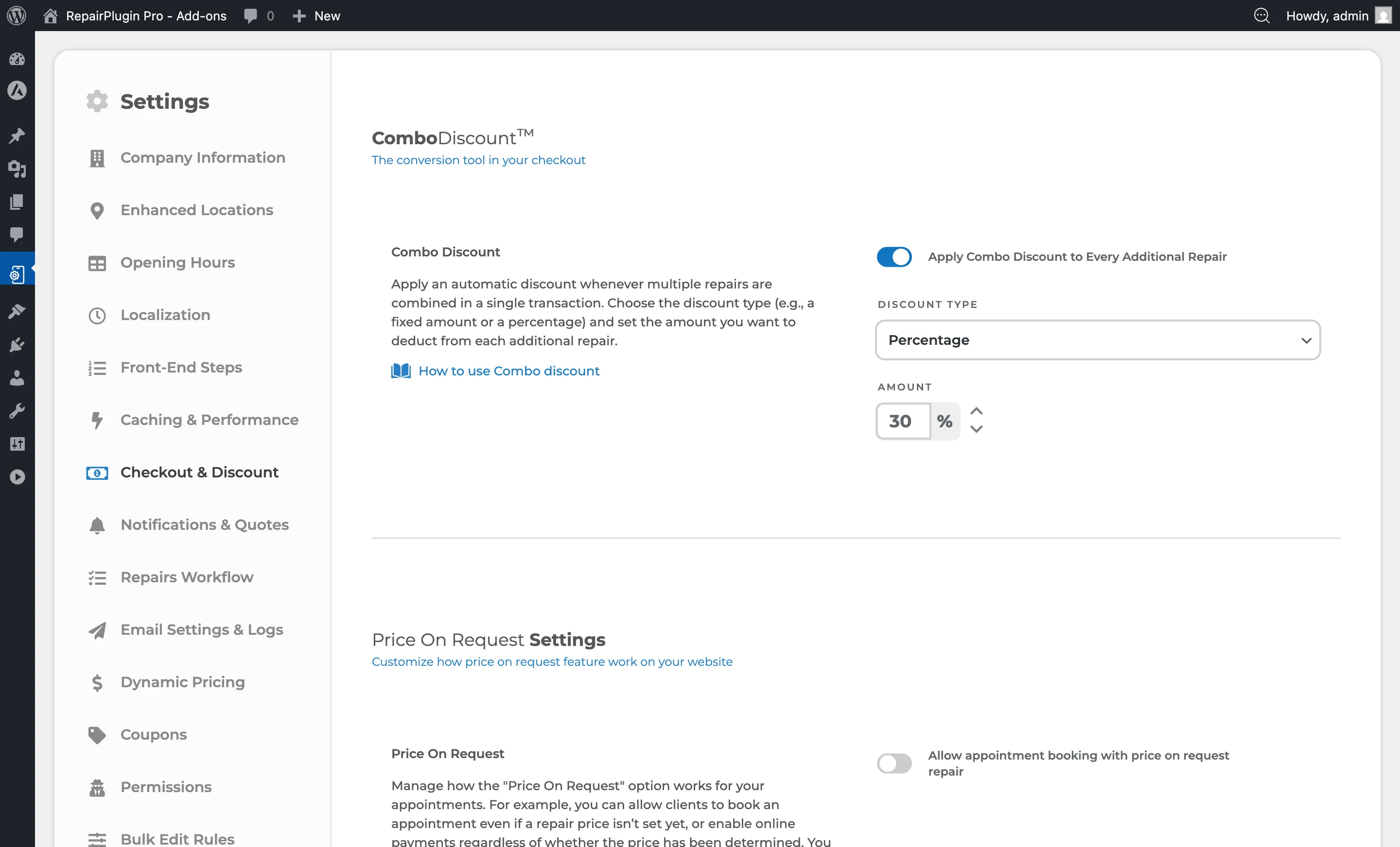 A service method expanded showing booking slot length, max bookings per slot, lead time, and additional cost settings