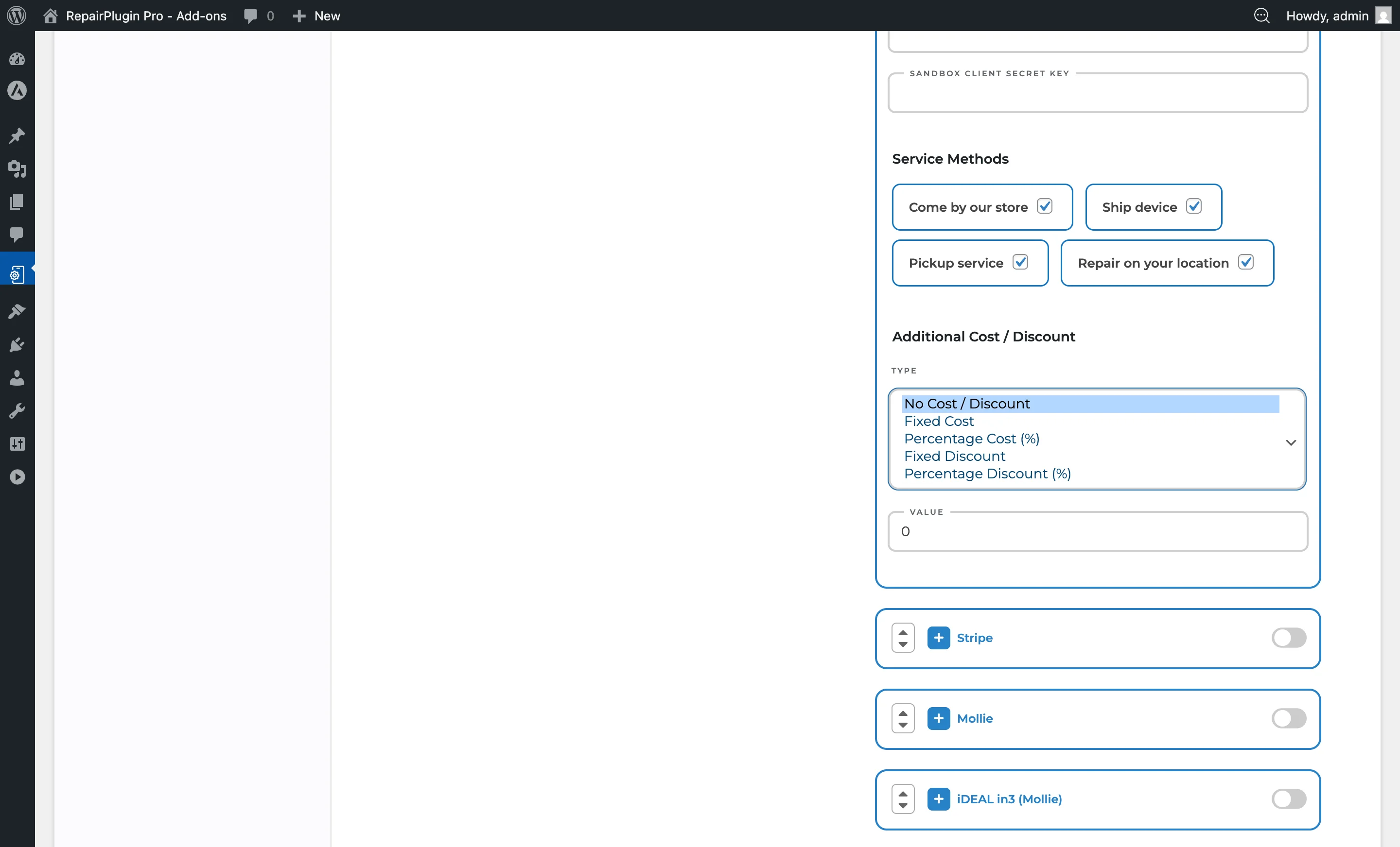 The surcharge type dropdown showing options for percentage or fixed amount surcharges on payment methods