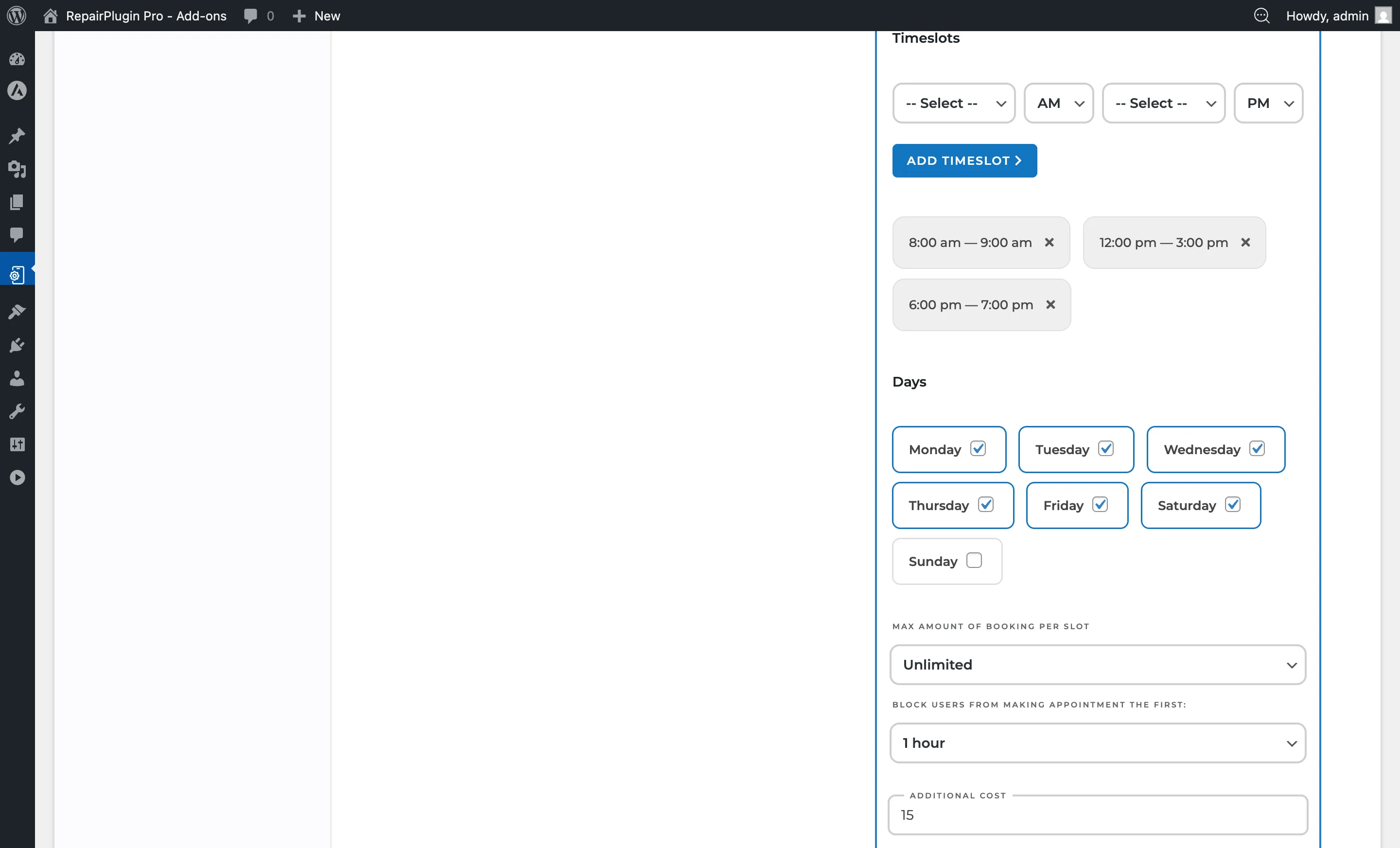 The timeslot input form showing time range fields and the 7-day availability selector
