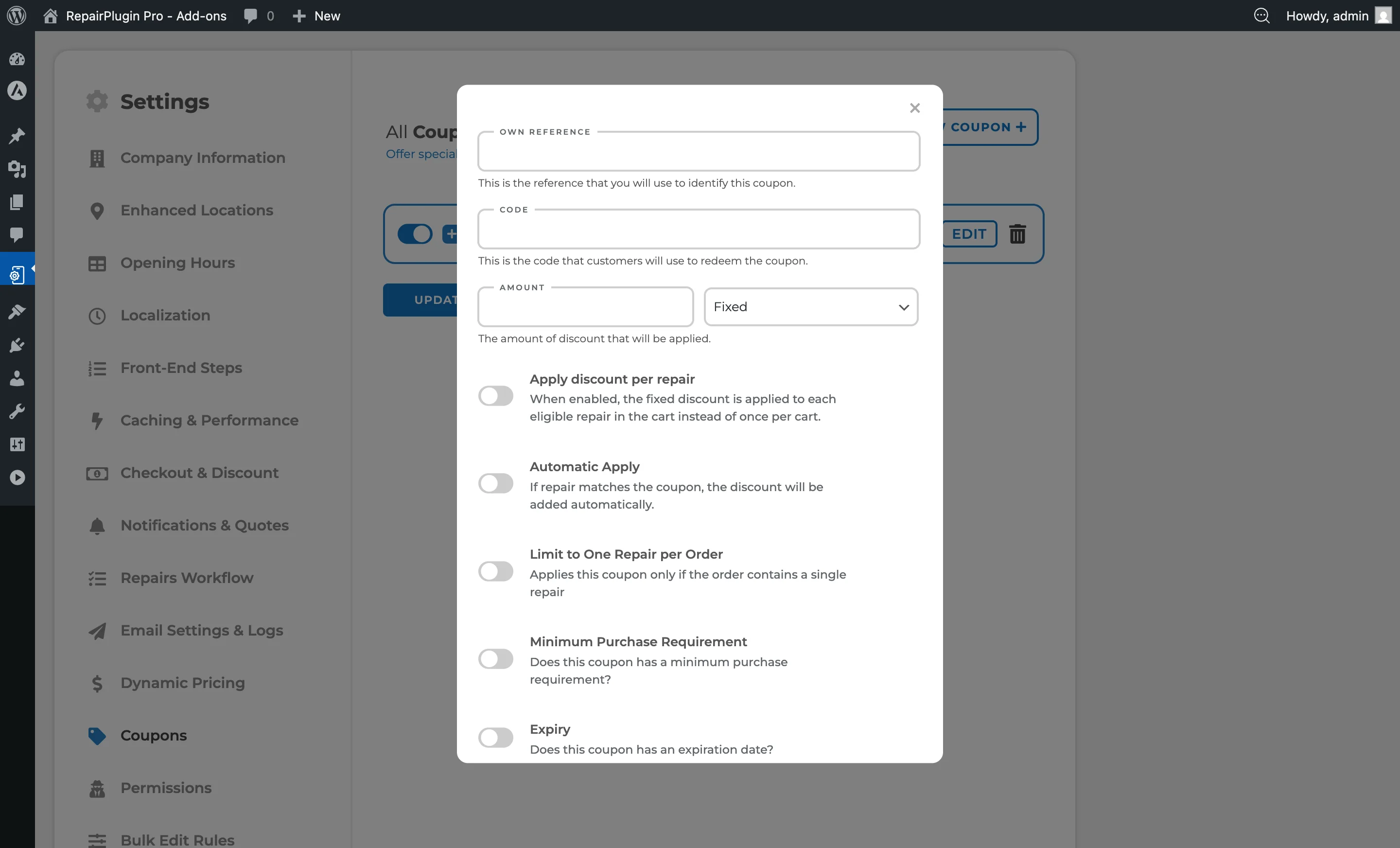 The Create New Coupon modal with fields for code, discount type, value, and usage limits