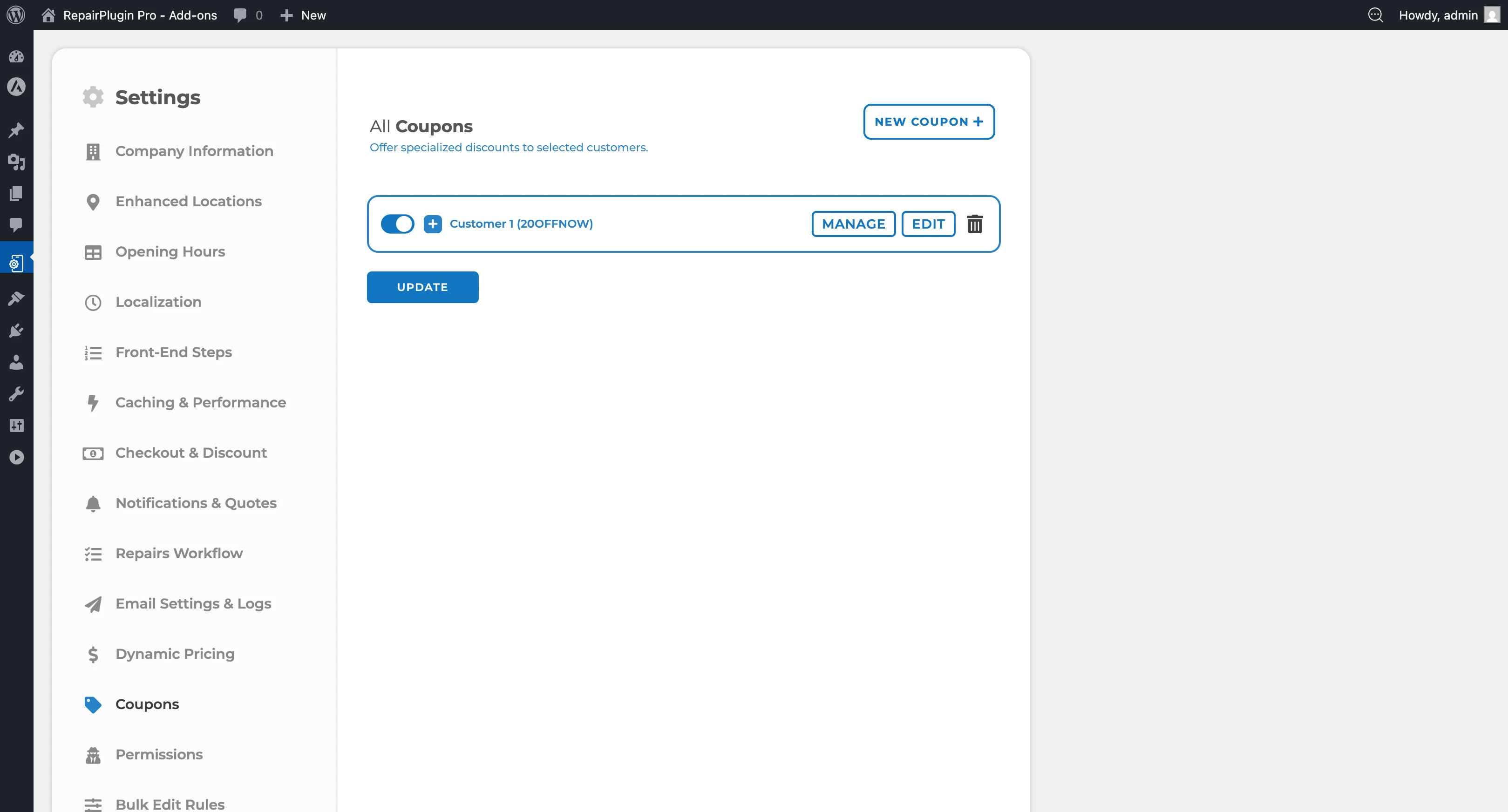 The Coupons settings page showing the coupon list with codes, amounts, and on/off switches