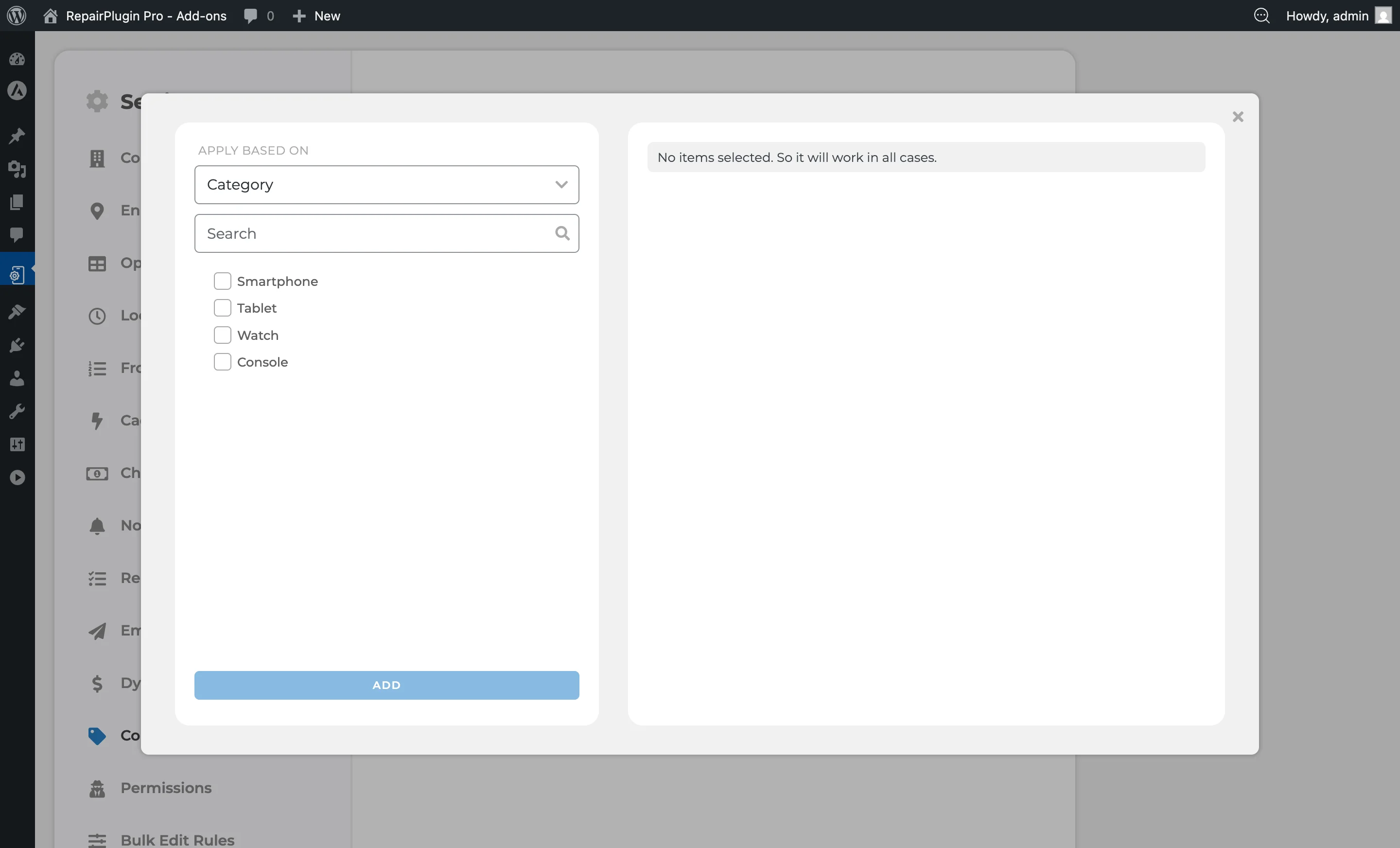 The coupon targeting modal with dual panels for selecting which brands, models, or repairs the coupon applies to