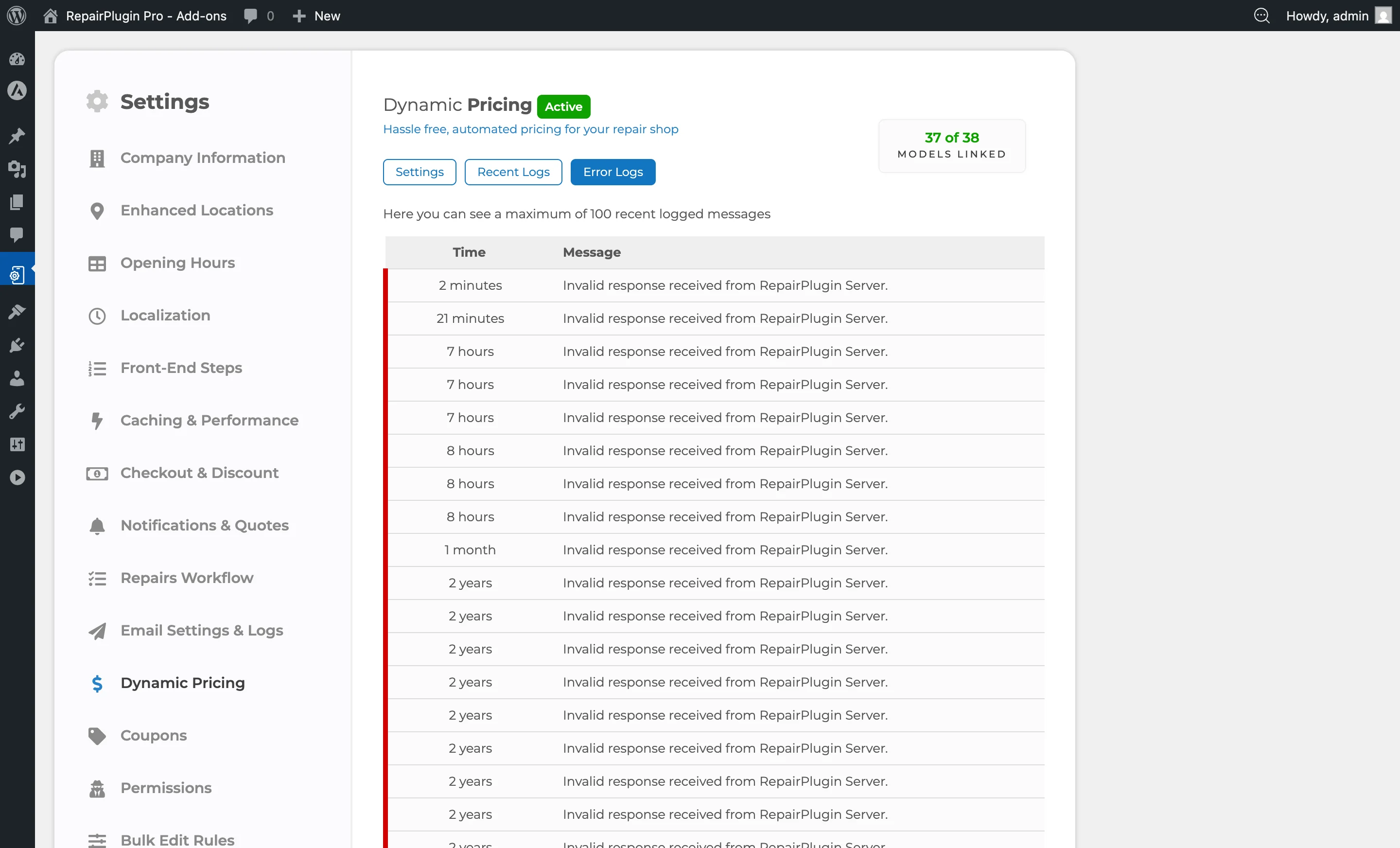 The Error Logs tab showing failed sync attempts with error messages and timestamps