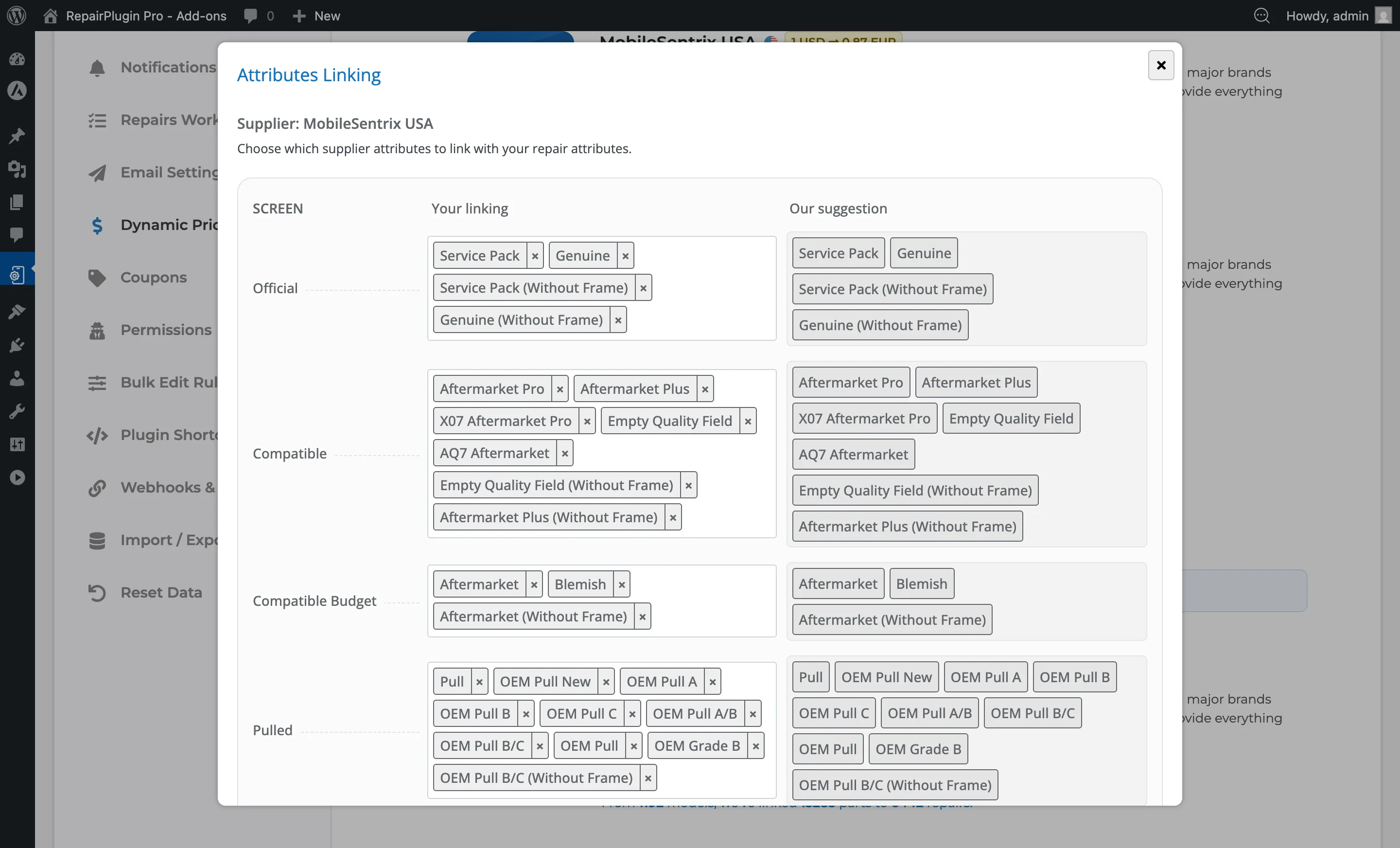 The Manage Attributes modal with two columns mapping supplier attributes to local repair attributes