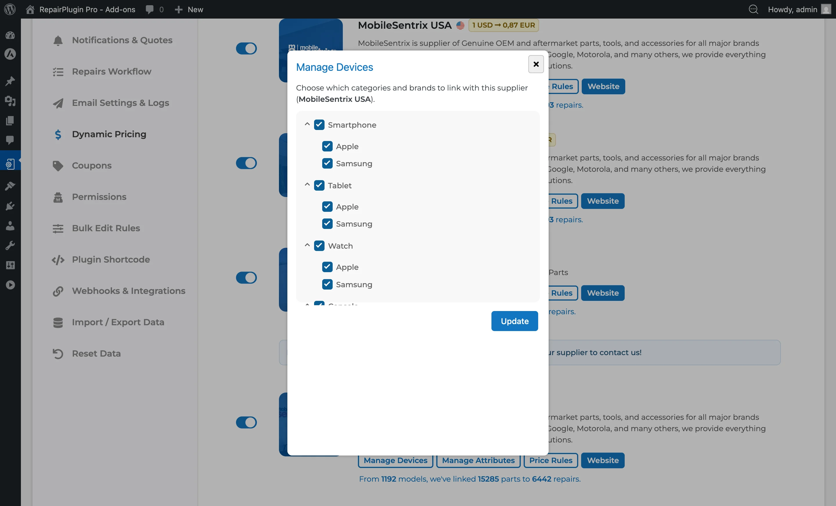 The Manage Devices modal with a checkbox tree for selecting which brands and models to sync from the supplier