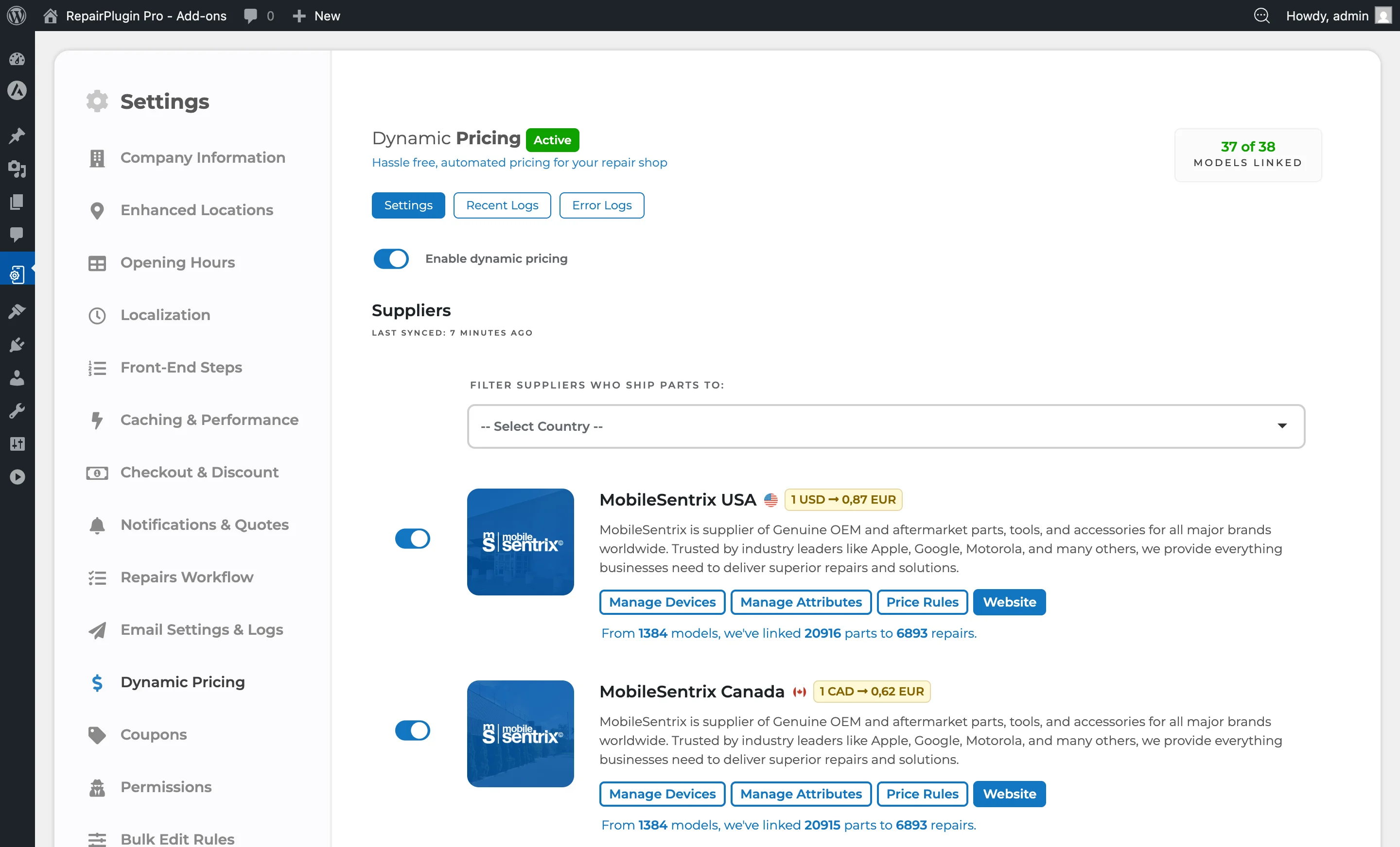 The Dynamic Pricing settings page showing the enable switch, supplier price selection, fallback pricing, and sync method options