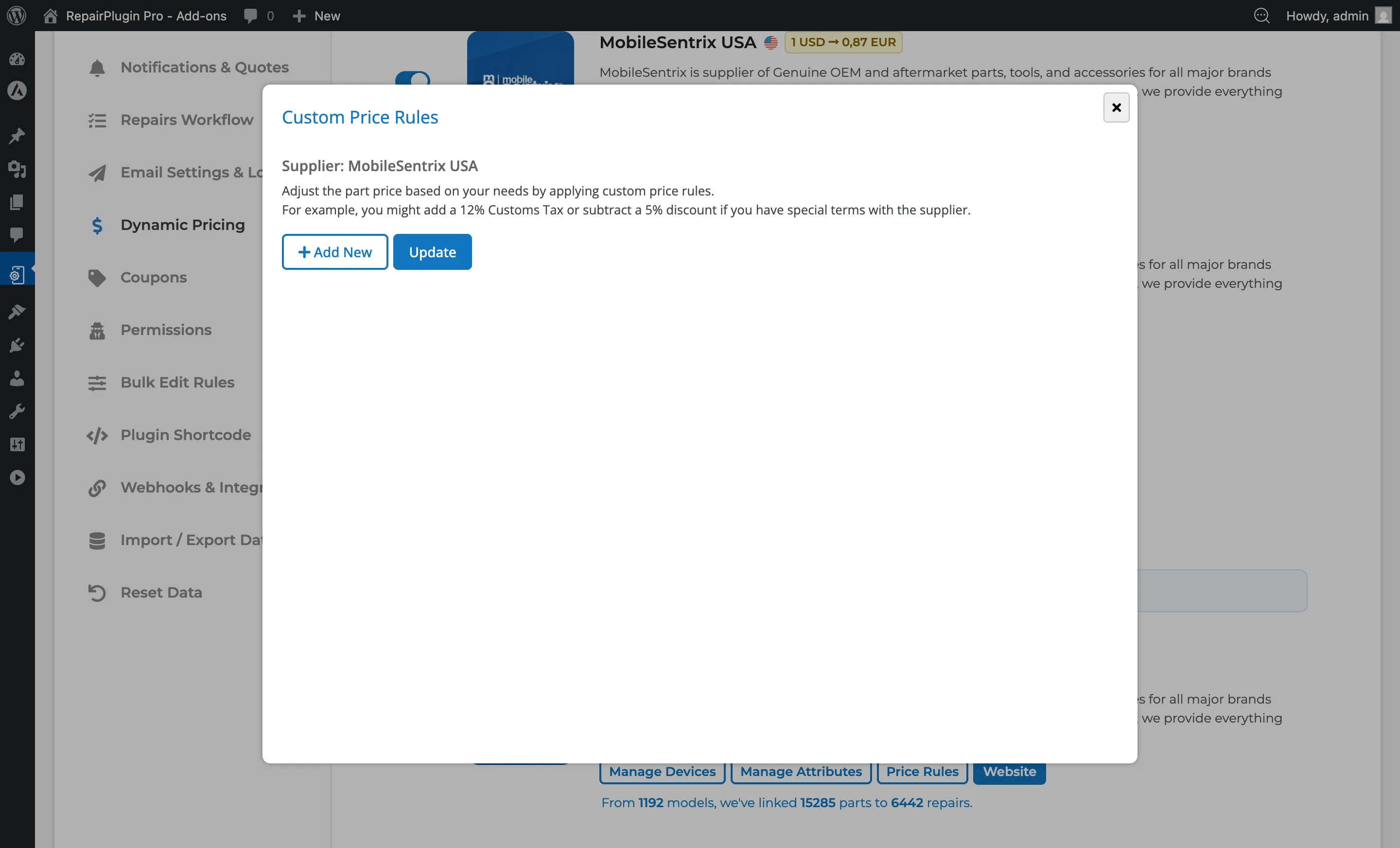 The Custom Price Rules modal showing rule conditions and price adjustment options per supplier