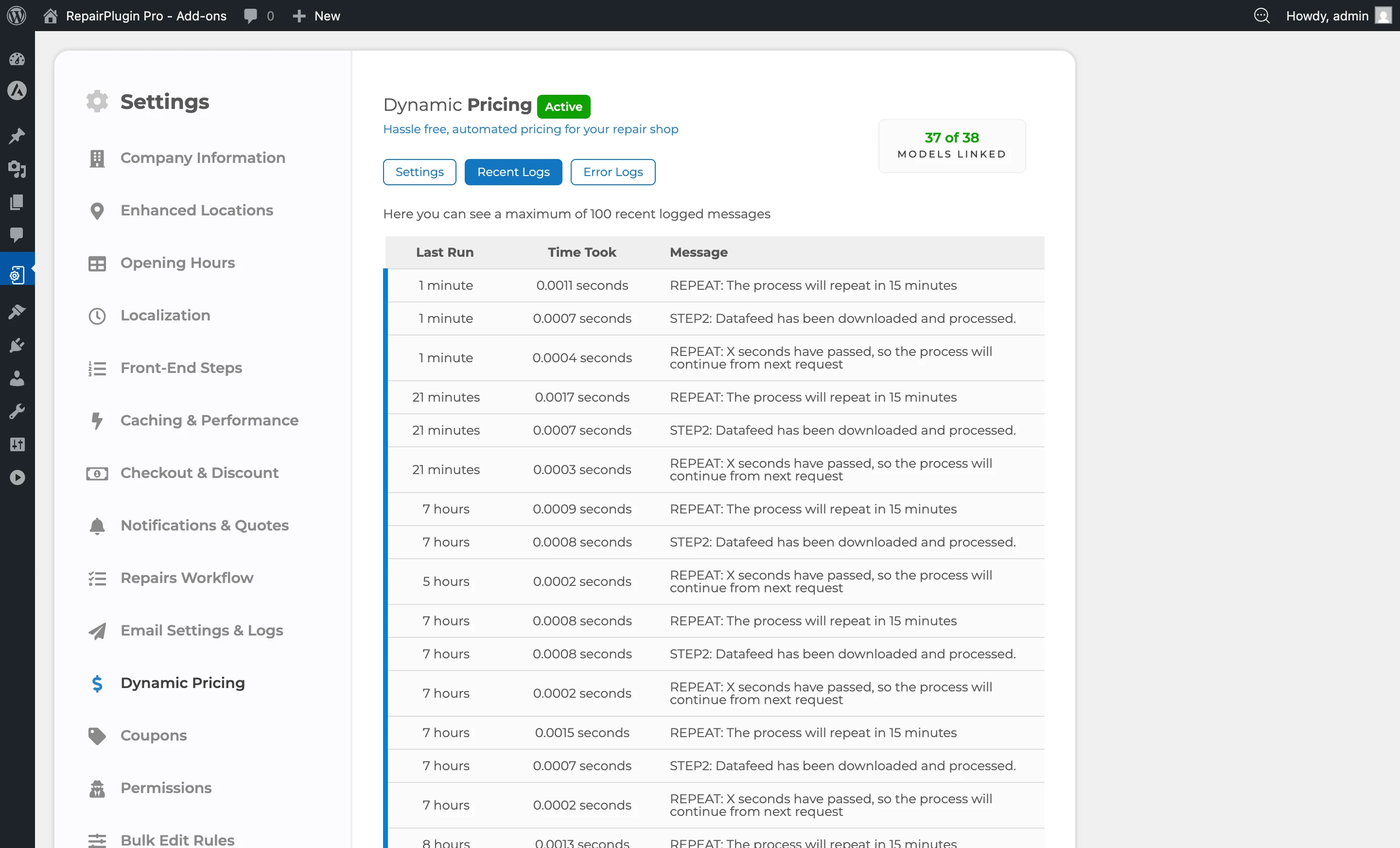 The Recent Logs tab showing successful price sync operations with timestamps and details