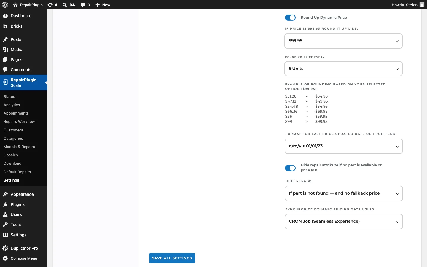 The Round Up Dynamic Price section showing the rounding ending dropdown, Round Up Price Every selector (5/10/100 Units), and an example matrix of raw prices being rounded to .95 endings