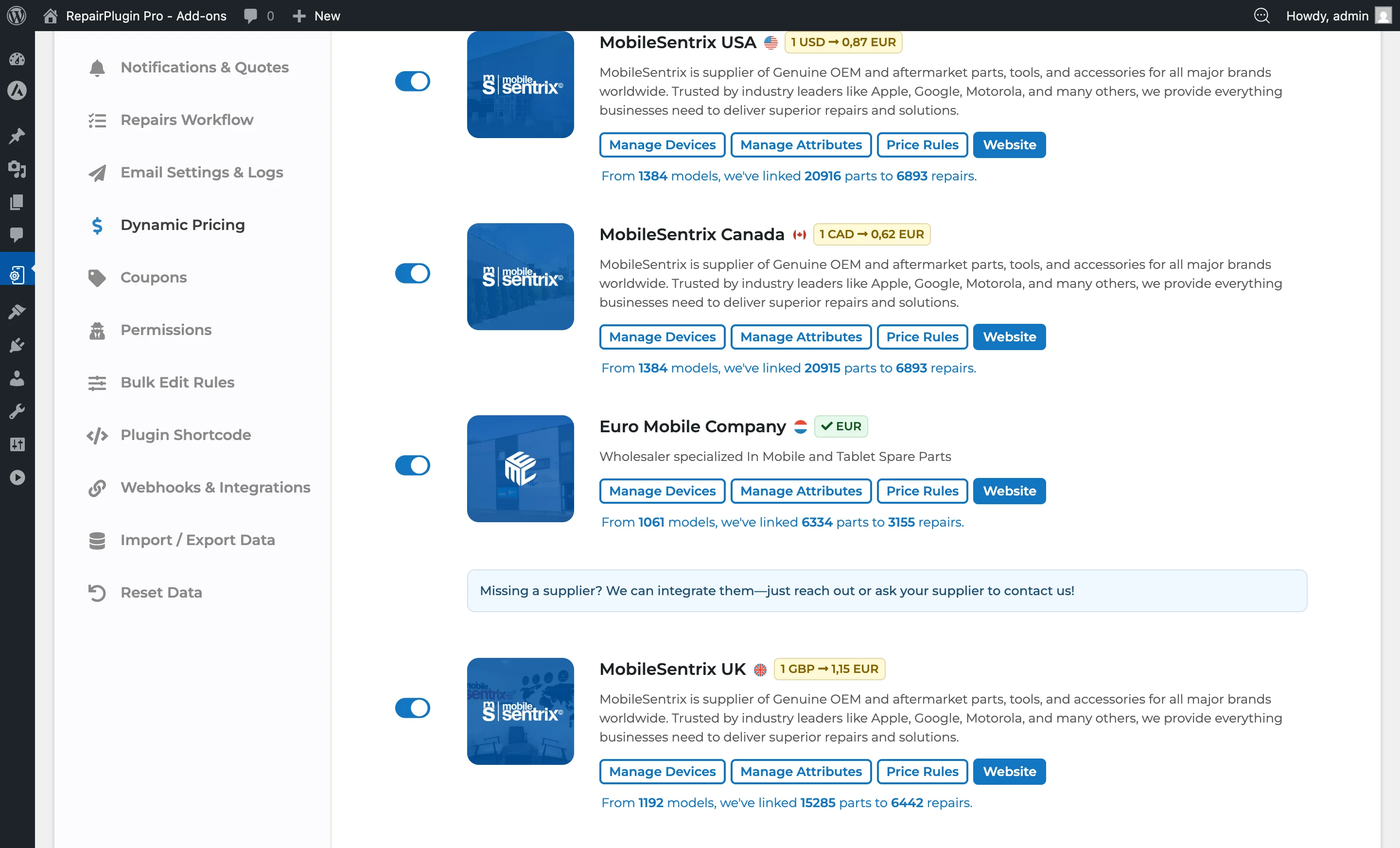 A supplier card showing the supplier name, connection status, sync schedule, and action buttons