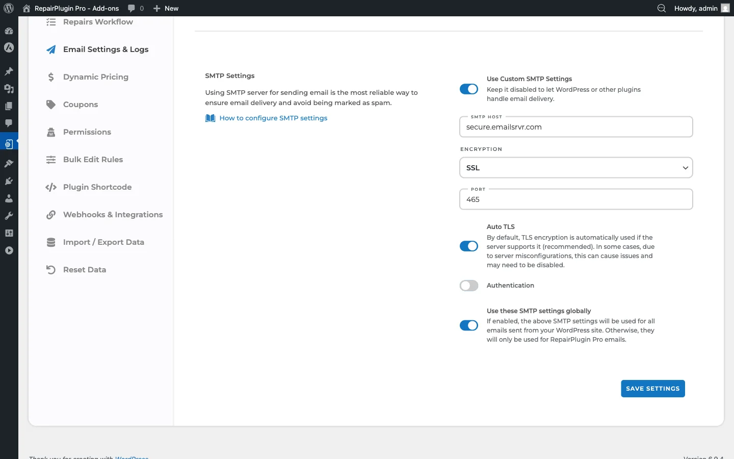 Het gedeelte SMTP-instellingen met authenticatie uitgeschakeld, met basisvelden voor serverconfiguratie