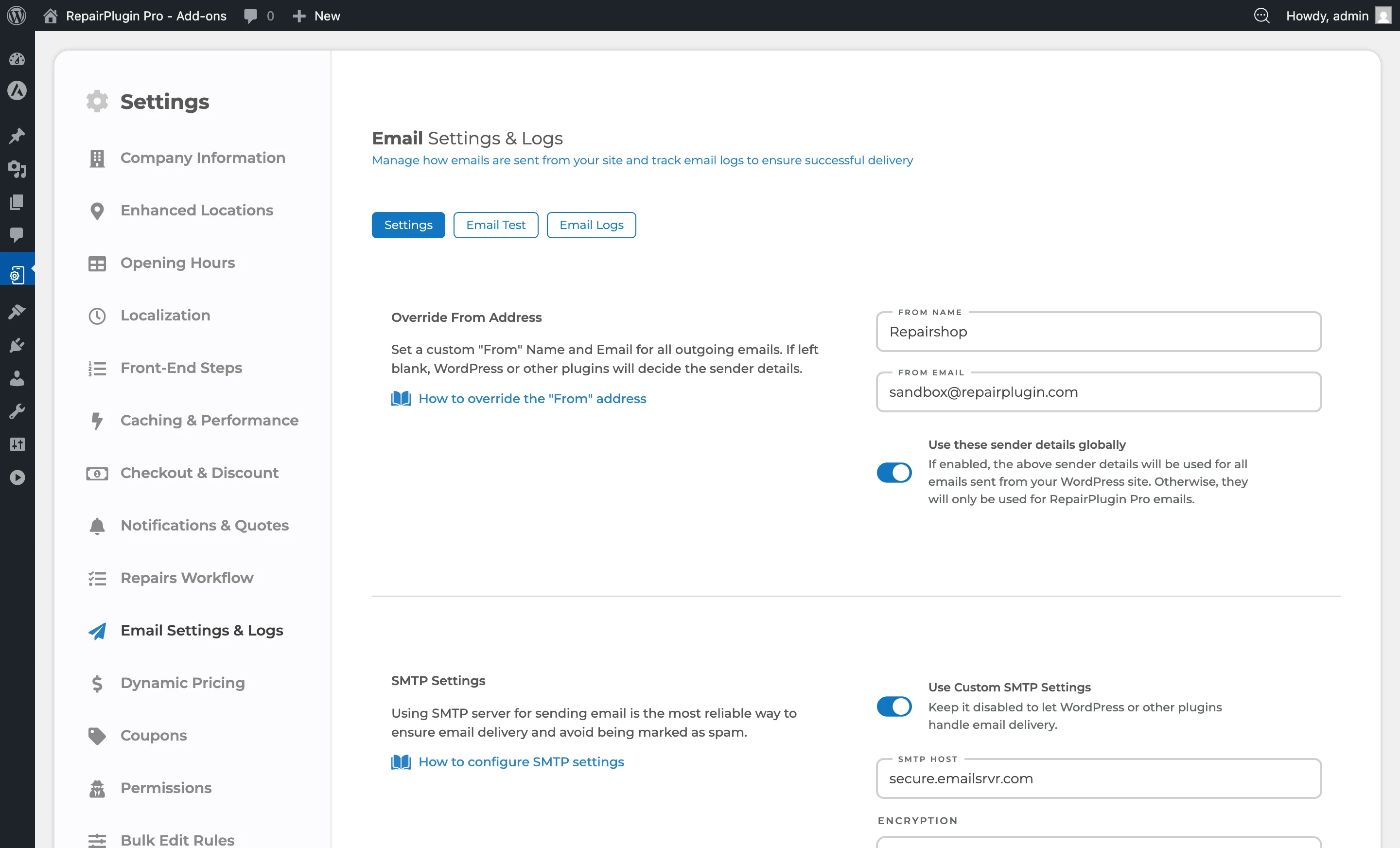 De pagina Email Settings & Logs met de velden From Name, From Email en SMTP-configuratie