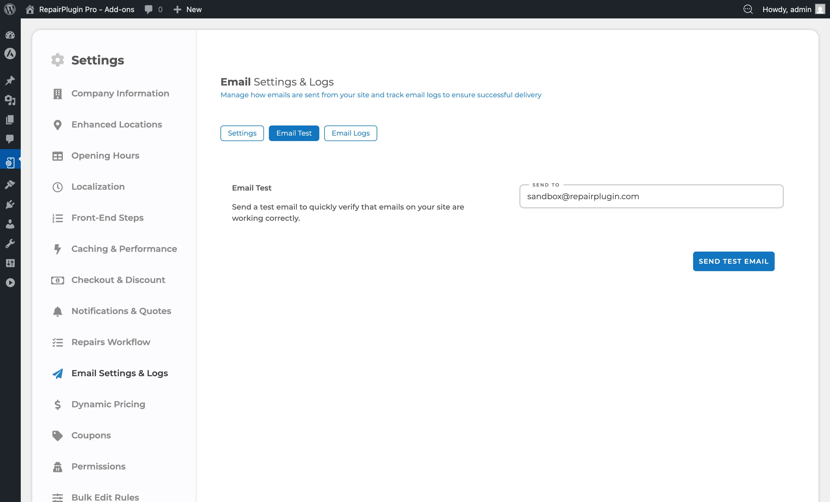 Het tabblad Email Test met het veld Send To en de knop Send Test Email