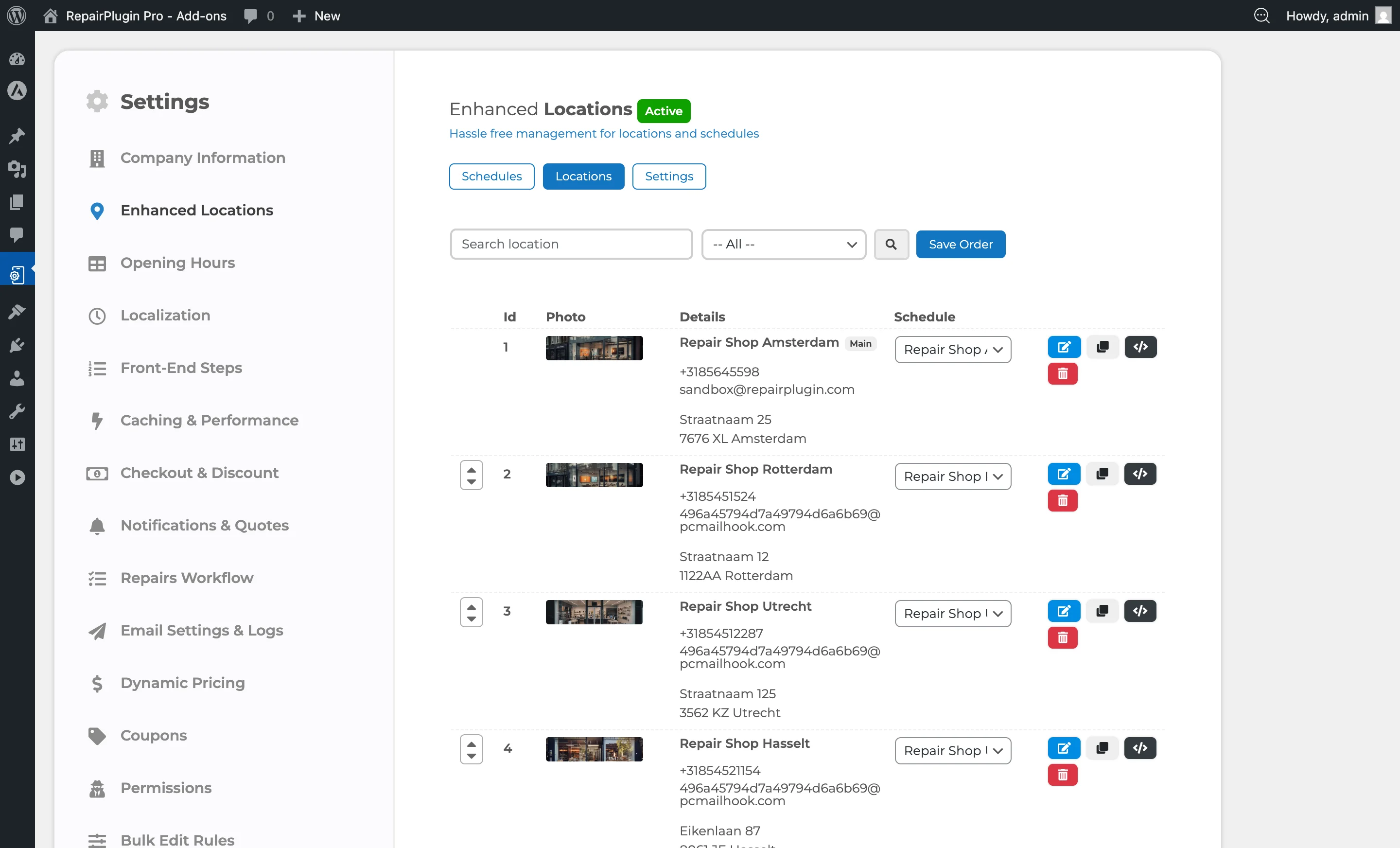Die Aktionssymbole in einer Standortzeile mit Klonen-, Löschen- und Neuordnen-Schaltflächen