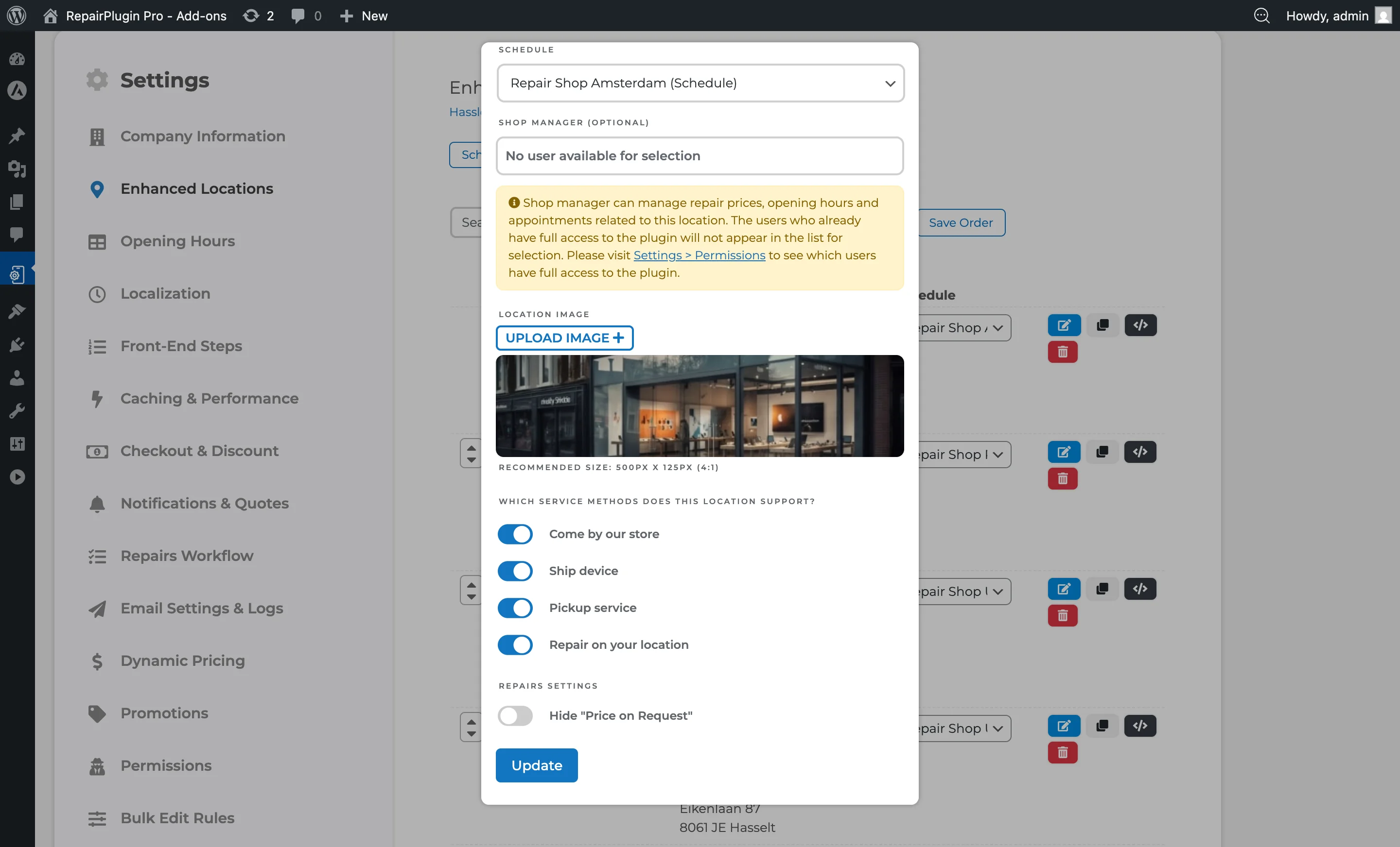 The location form showing service methods and the Hide Price on Request toggle under Repairs Settings