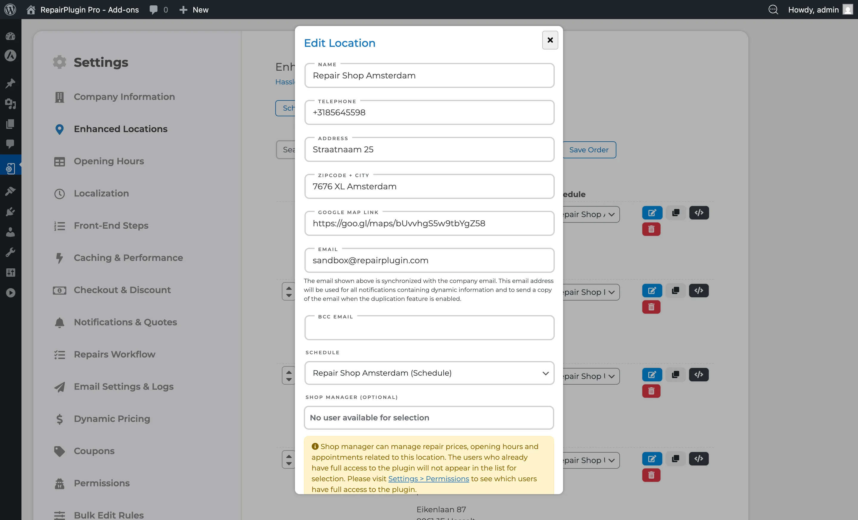 Das Standort-Bearbeitungsformular mit Name, Kontakt, Adresse, Zeitplangruppe, Servicemethoden und Bildfeldern