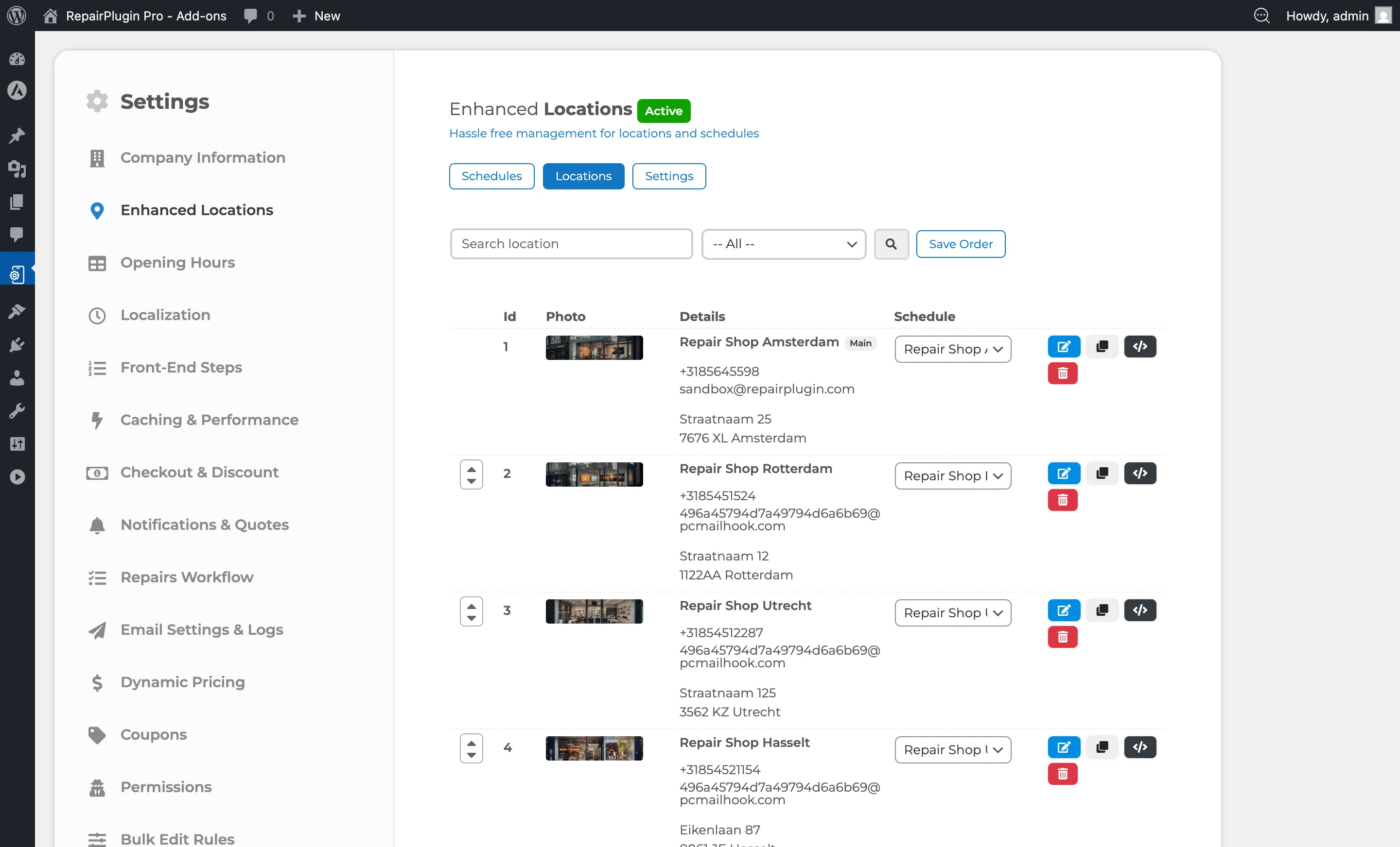 Der Tab „Locations" mit der Liste der Standorte mit Name, Adresse, Servicemethoden und Aktionsschaltflächen