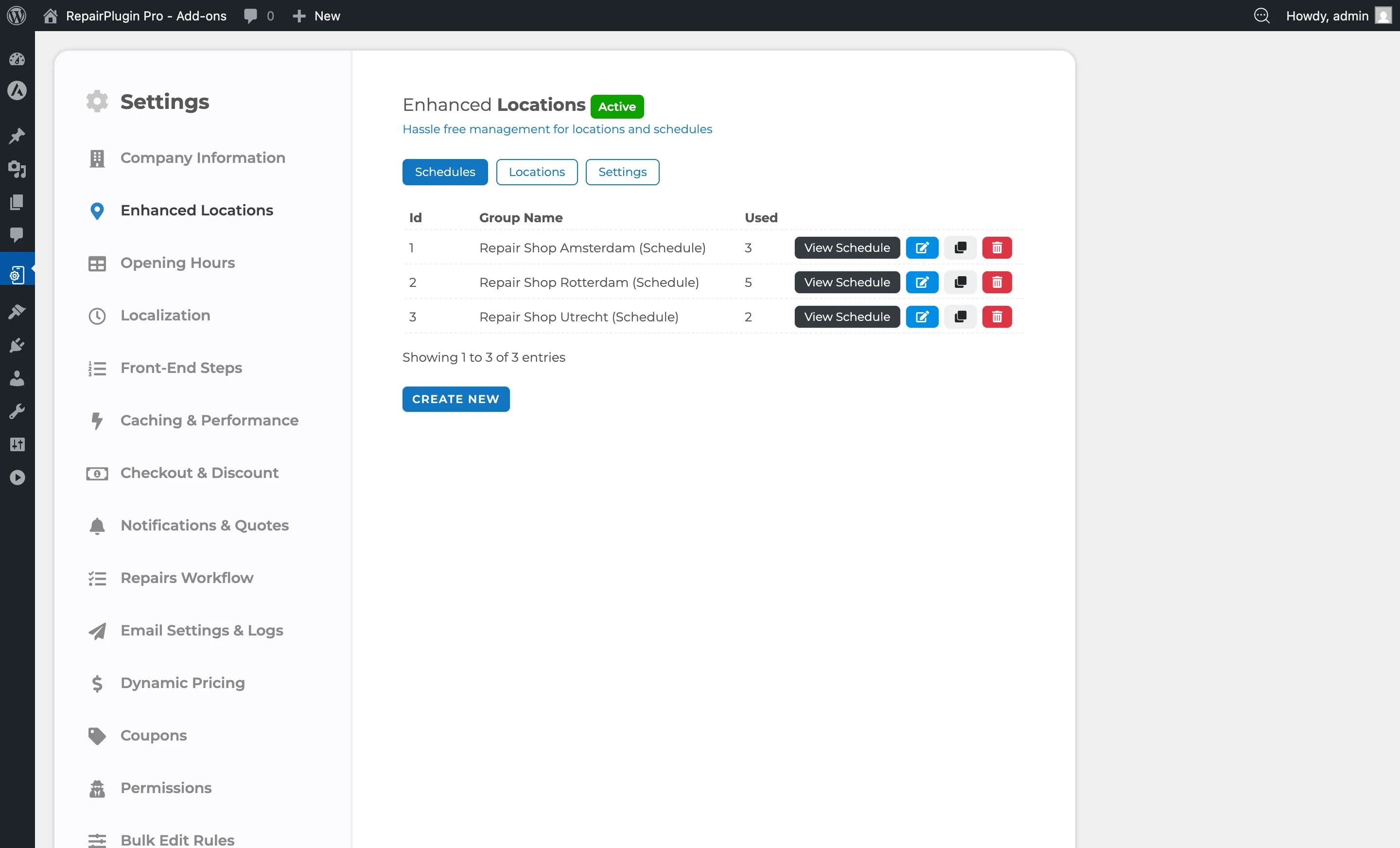 Die Enhanced Locations-Einstellungsseite mit den Tabs Schedules, Locations und Settings