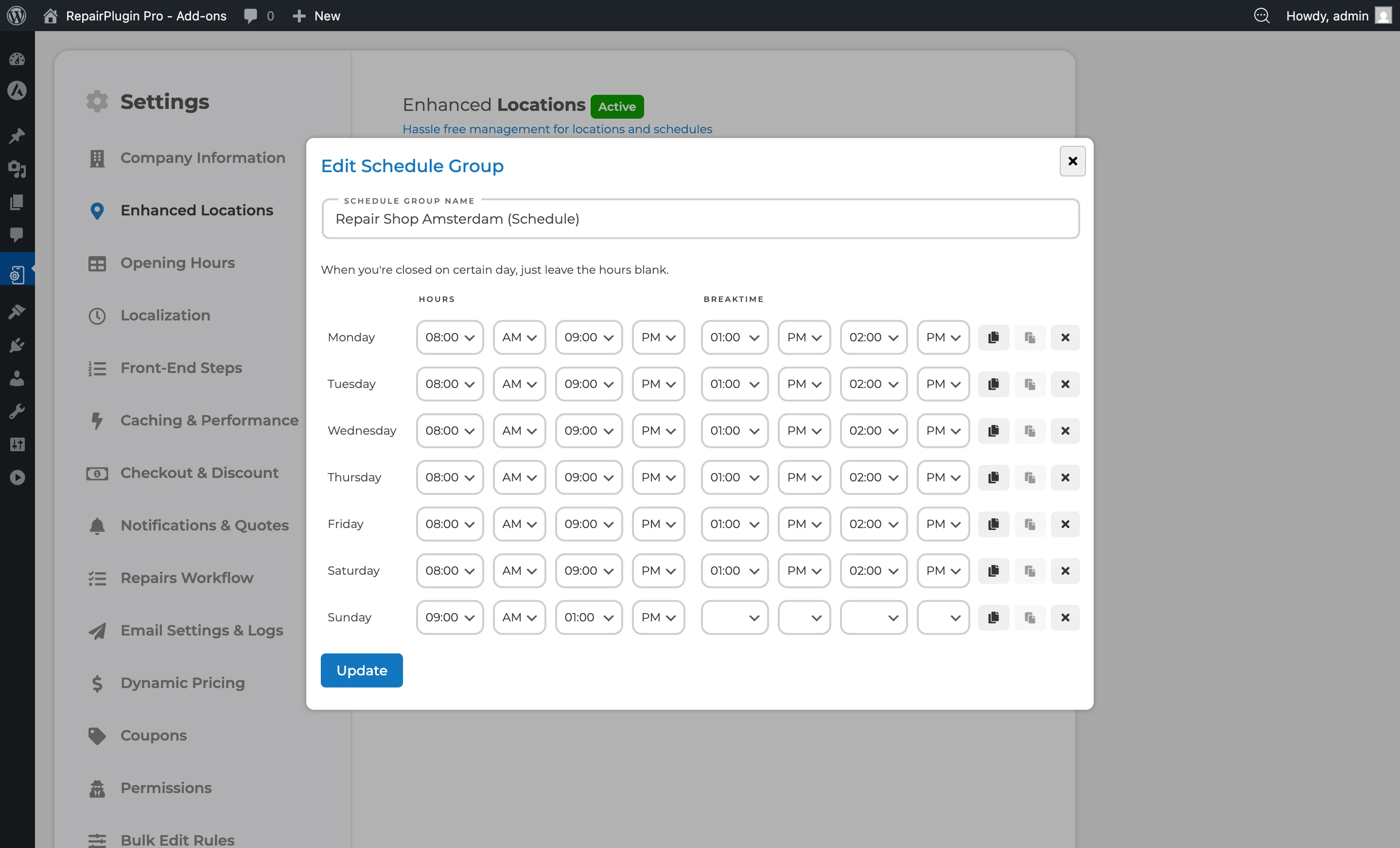 Das Zeitplan-Bearbeitungsformular mit täglichen Zeitfeldern für Öffnung, Schließung und Pause