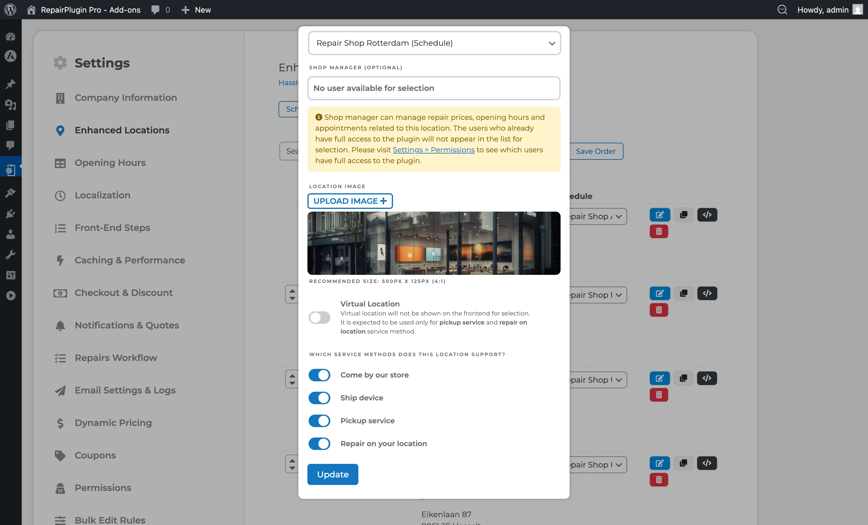 Der Schalter „Virtual Location" auf einem Standortformular, der zwischen physischem und virtuellem Modus umschaltet