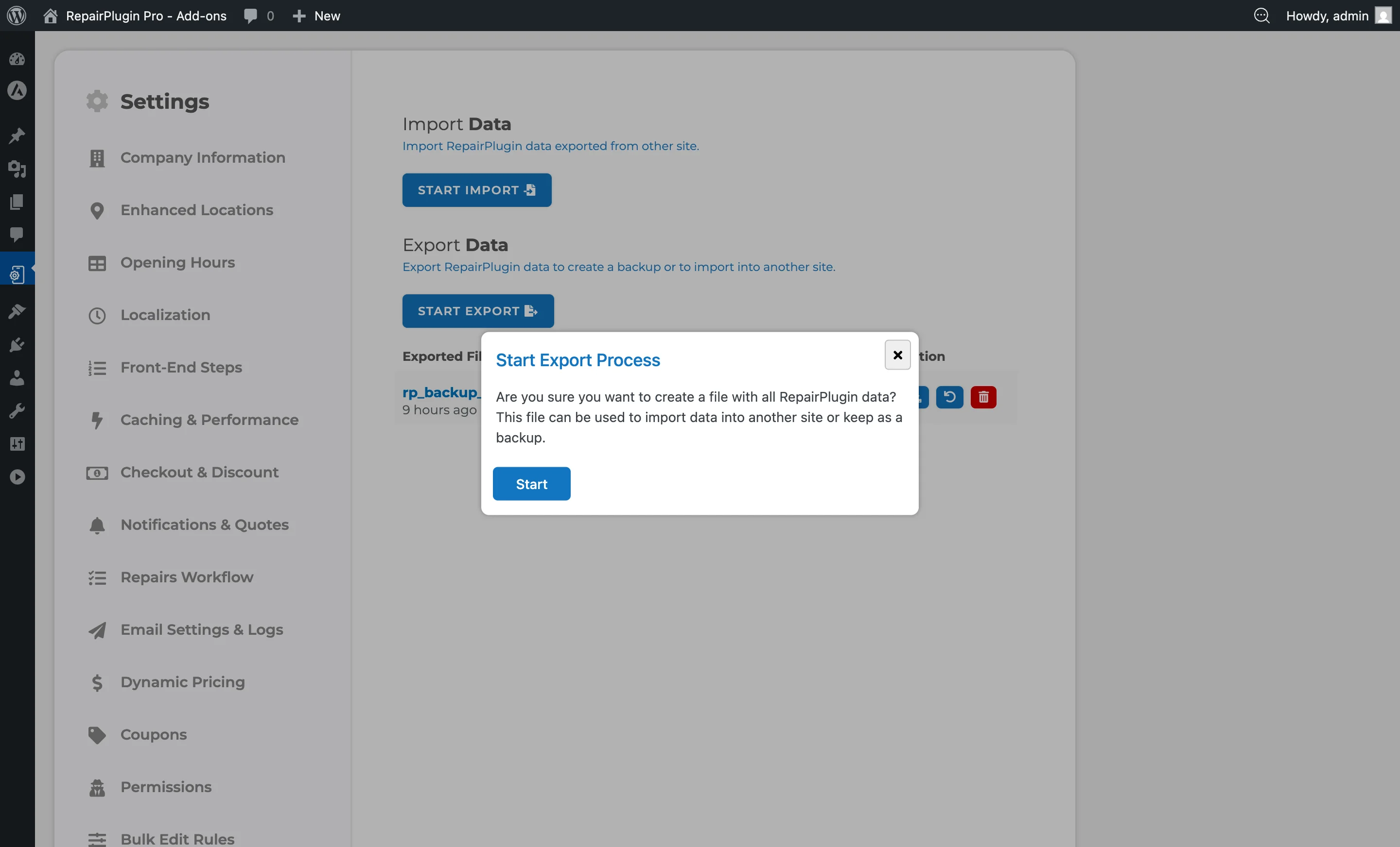 The export progress bar showing data export status
