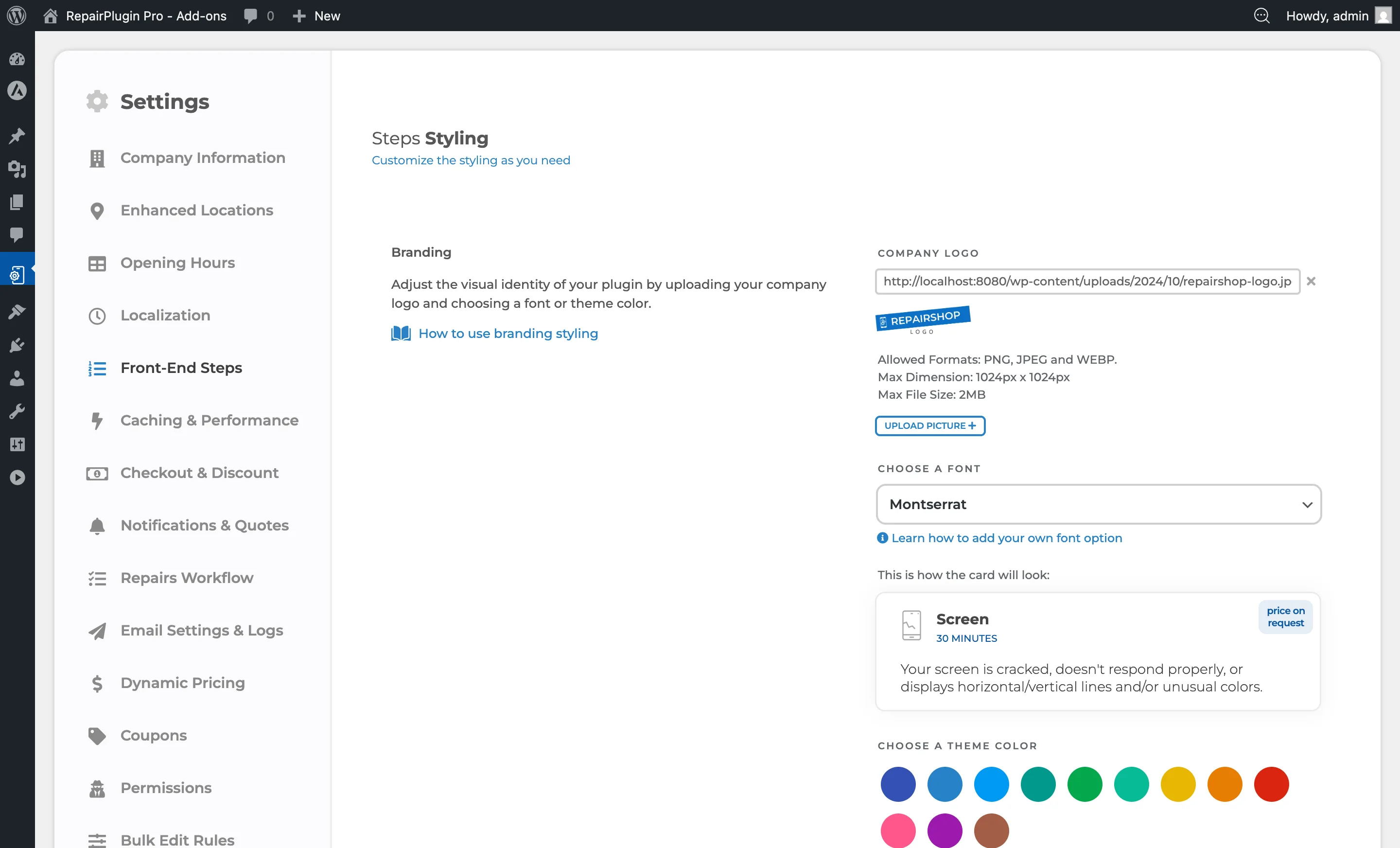 The Front-End Steps Branding section showing the font selector dropdown with built-in Google Fonts