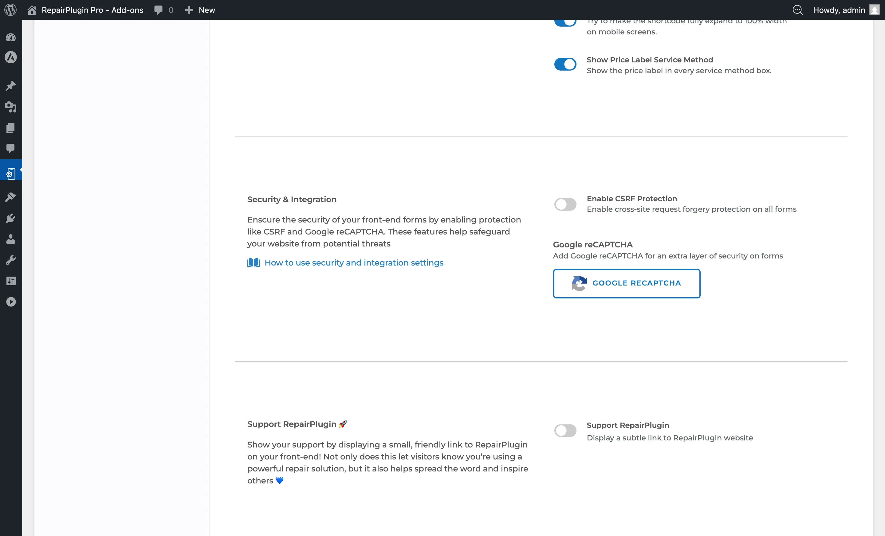 The Pre-Appointment Checklist section in Front-End Steps settings showing checklist items with the enable switch