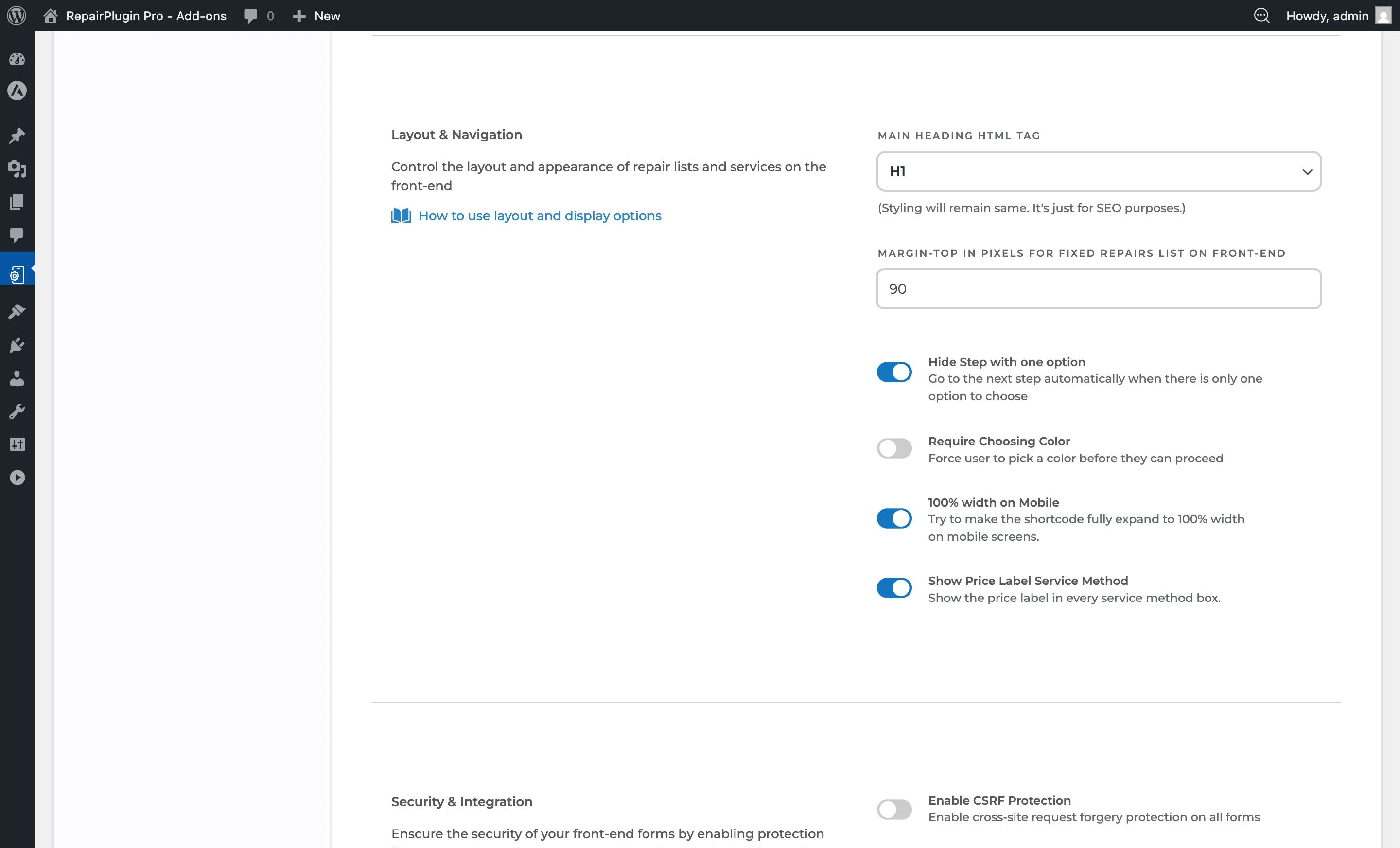 The Front-End Steps settings page showing repair box styling options with view type selector and Read More link settings