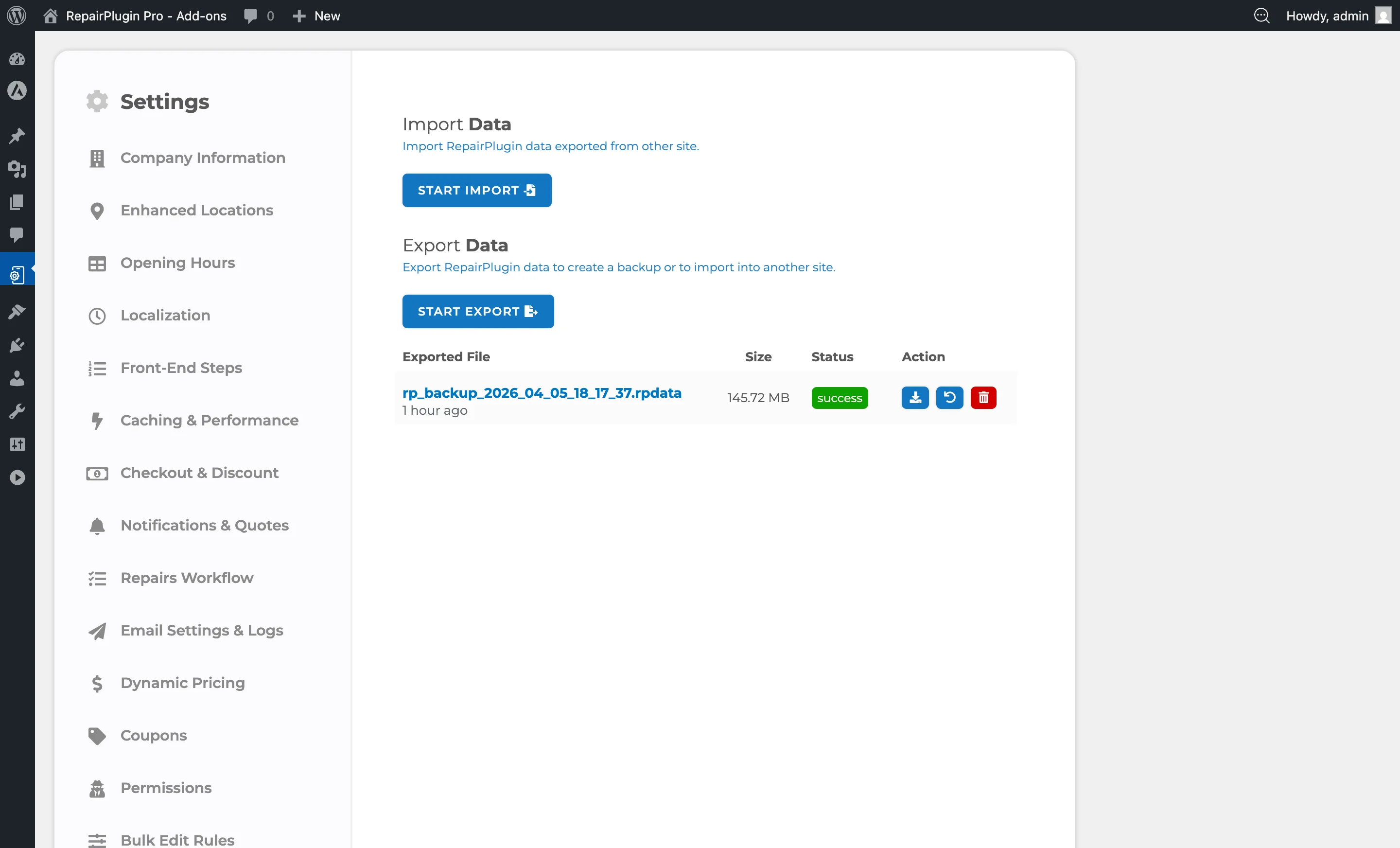 The Import and Export Data settings page showing export and import buttons with the exported files management table