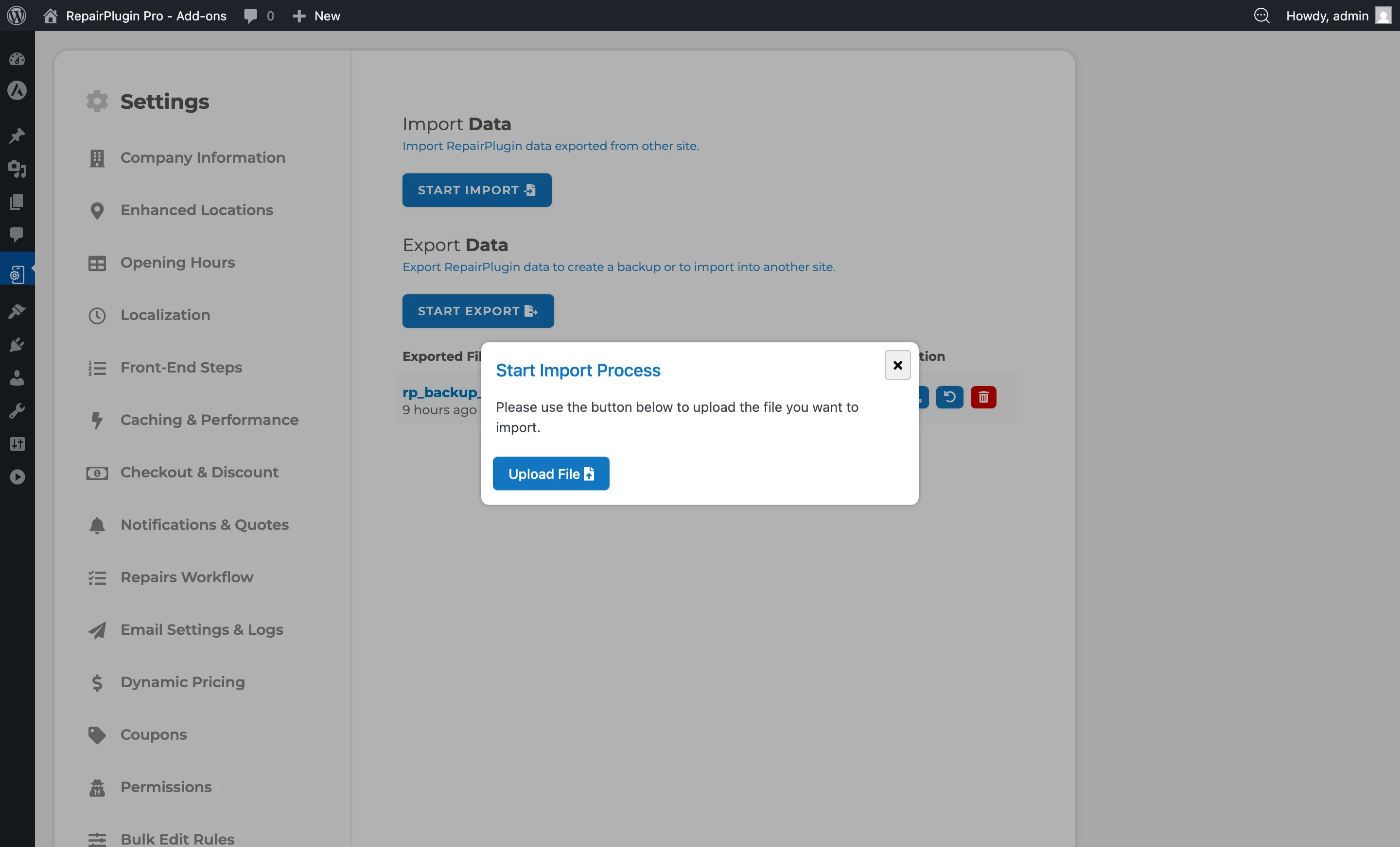 The import upload dialog for selecting a backup file to restore
