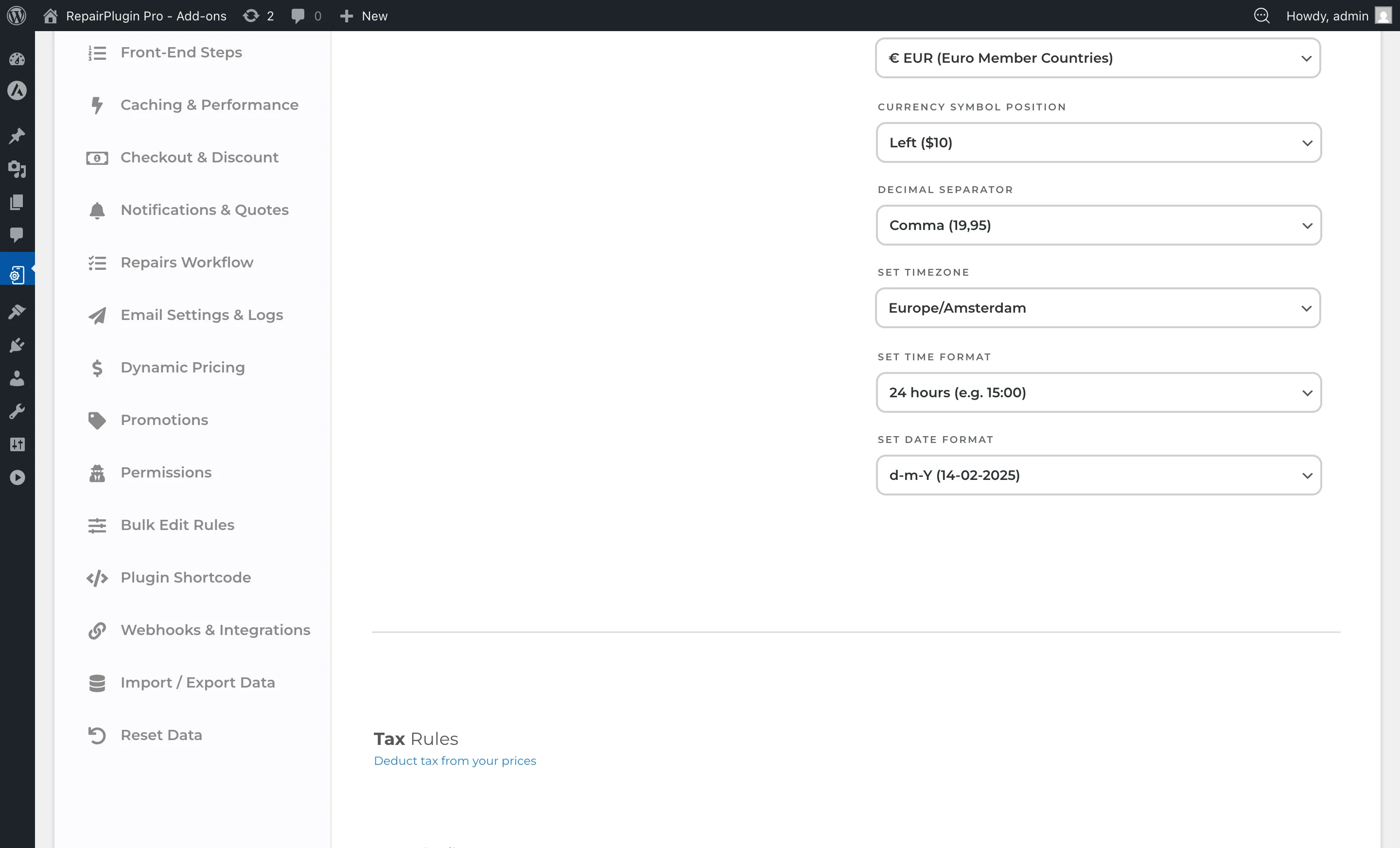 The Localization settings showing the Set Date Format dropdown with format options