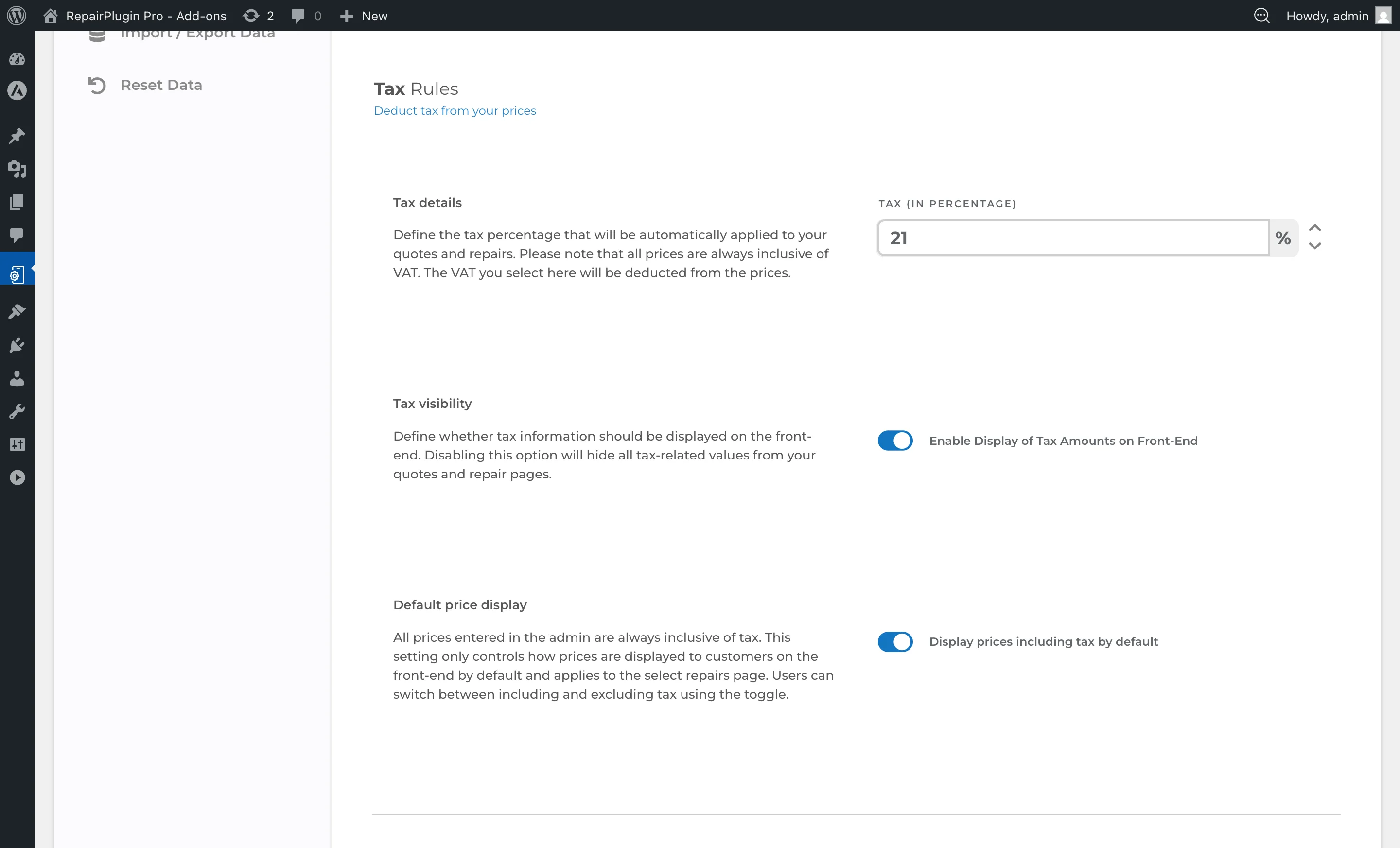 The Tax Rules section showing tax percentage, tax visibility toggle, and default price display settings