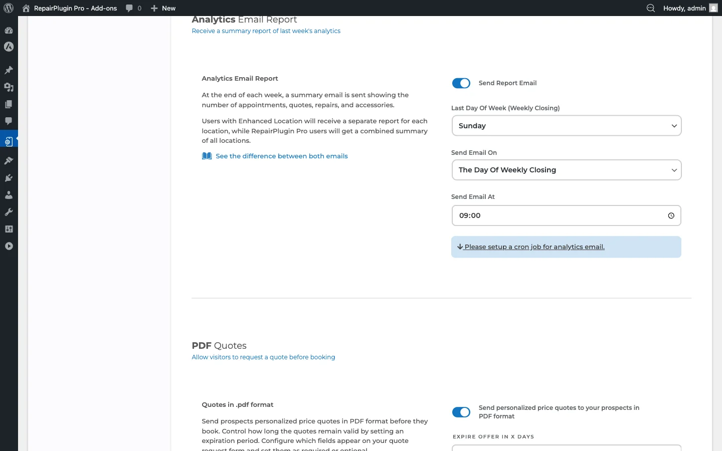 The Analytics Email Report section showing report frequency, recipients, and last run timestamp