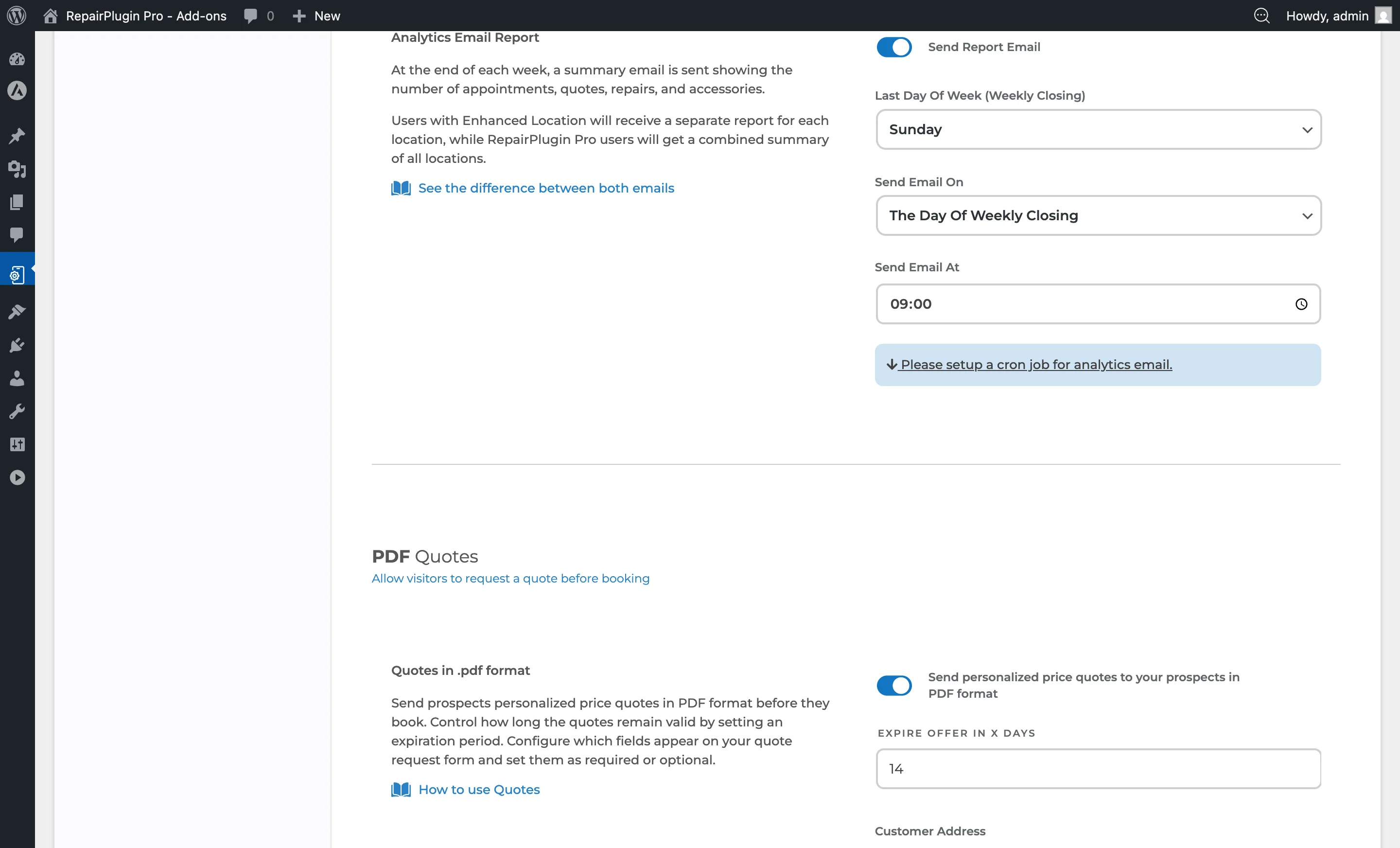 The Notifications & Quotes settings page showing the Analytics Email Report section with schedule and cron job settings