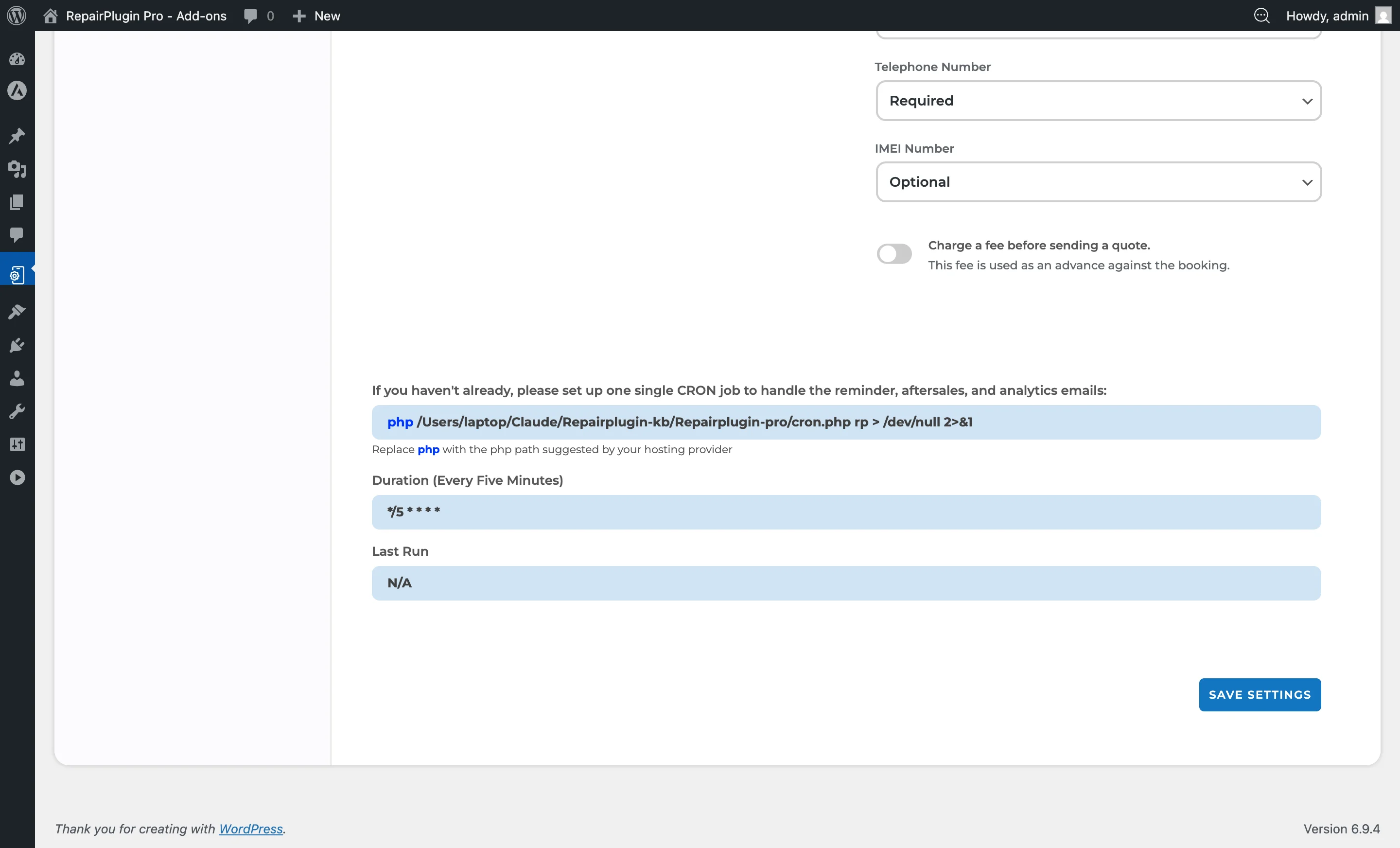 Der Cronjob-Bereich mit der Befehls-URL, die zum Auslösen automatisierter Erinnerungs-E-Mails benötigt wird
