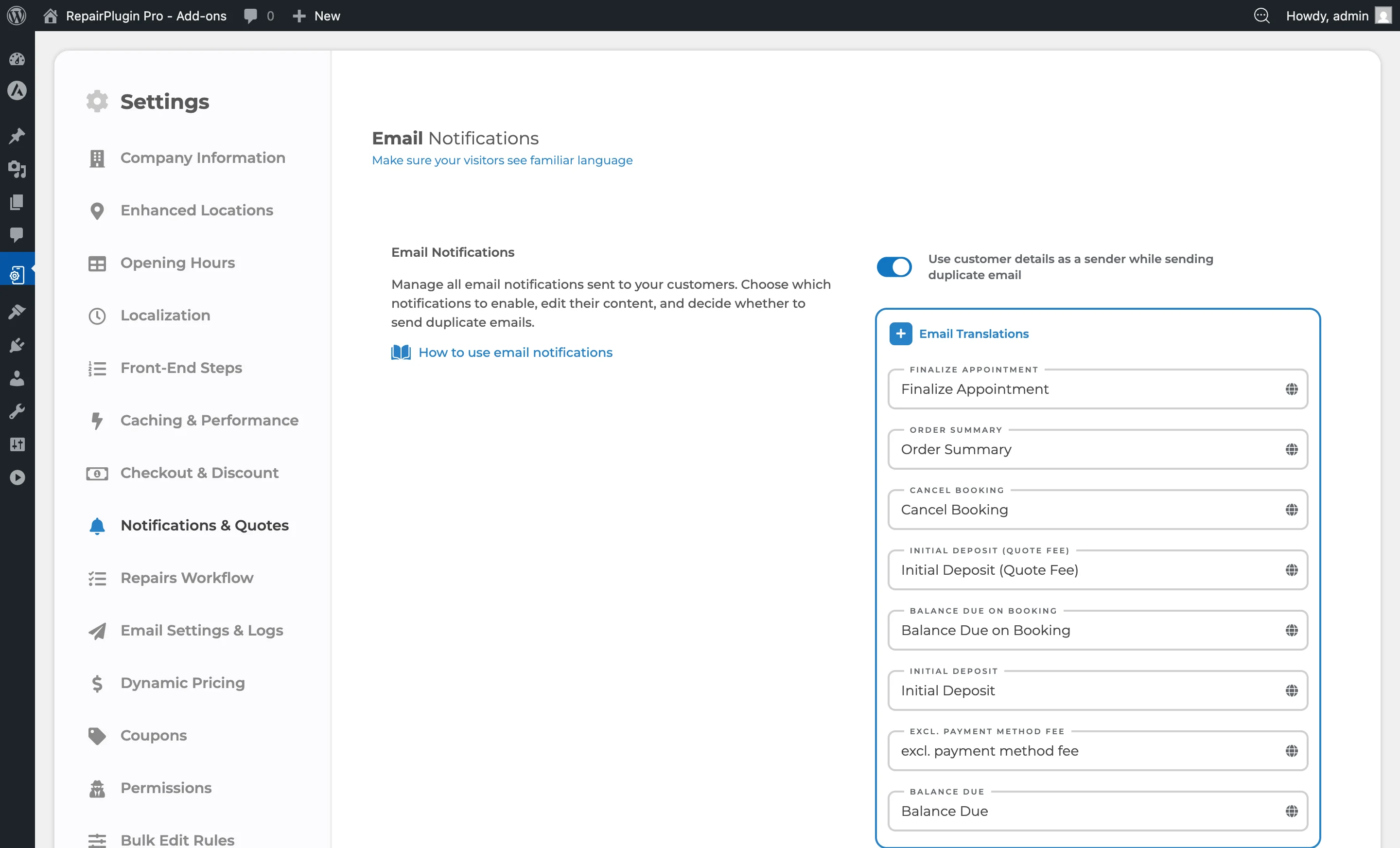 An expanded notification type showing the email subject, message editor, send duplicate switch, and dynamic variables