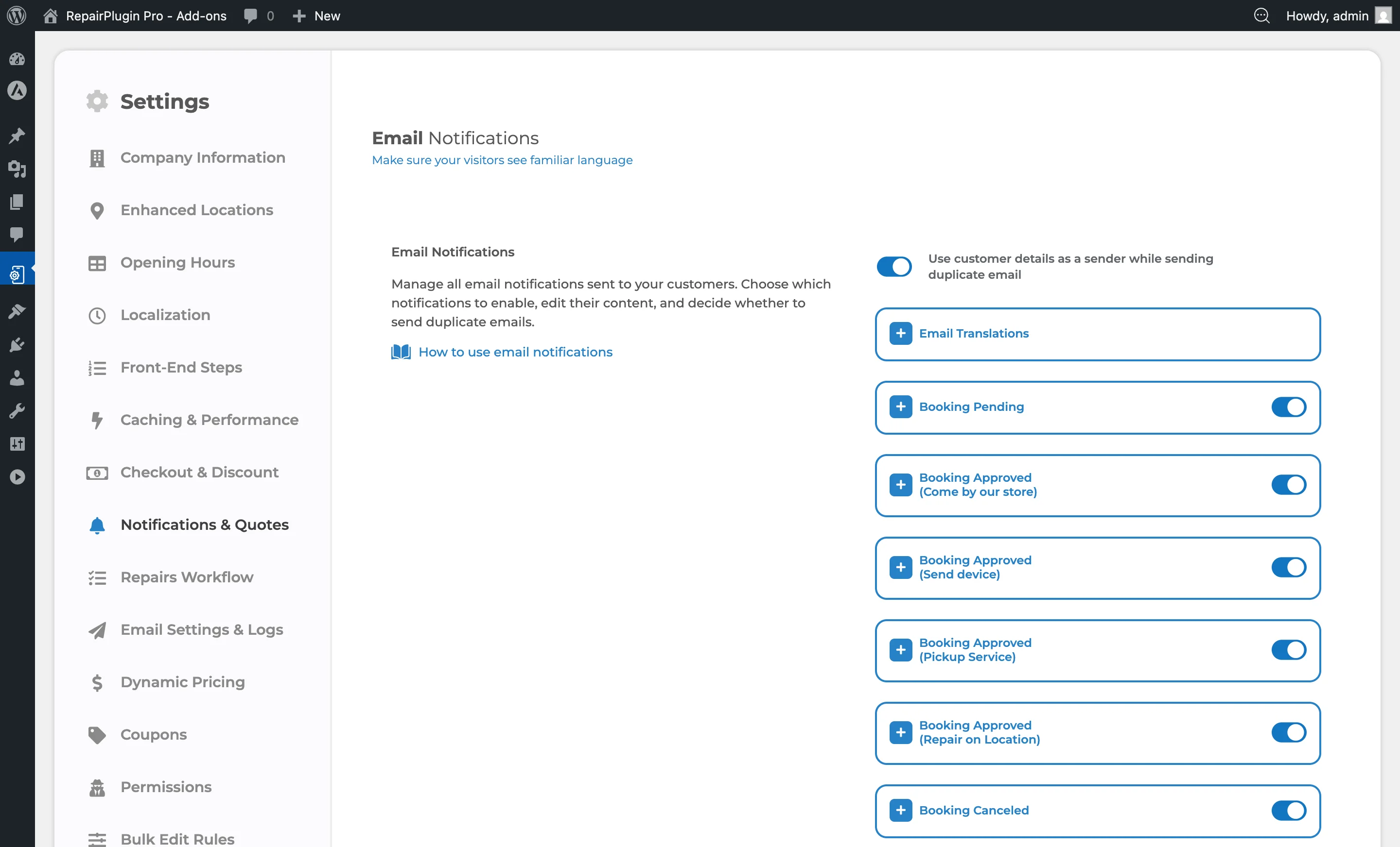 The Notifications & Quotes page showing the list of email notification types with on/off switches