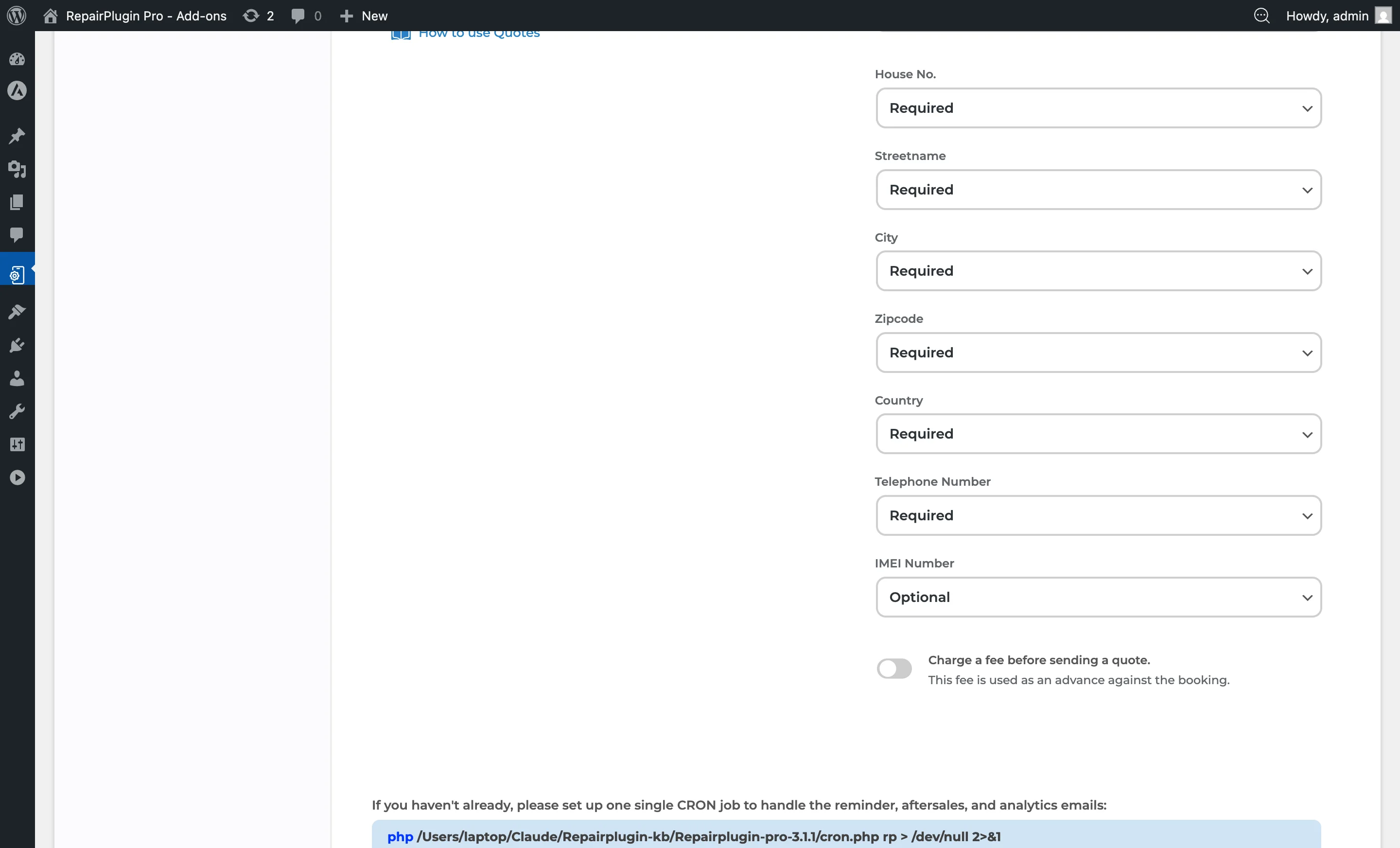 The PDF Quotes form field settings showing individual address sub-fields with Required, Optional, or Disabled dropdowns