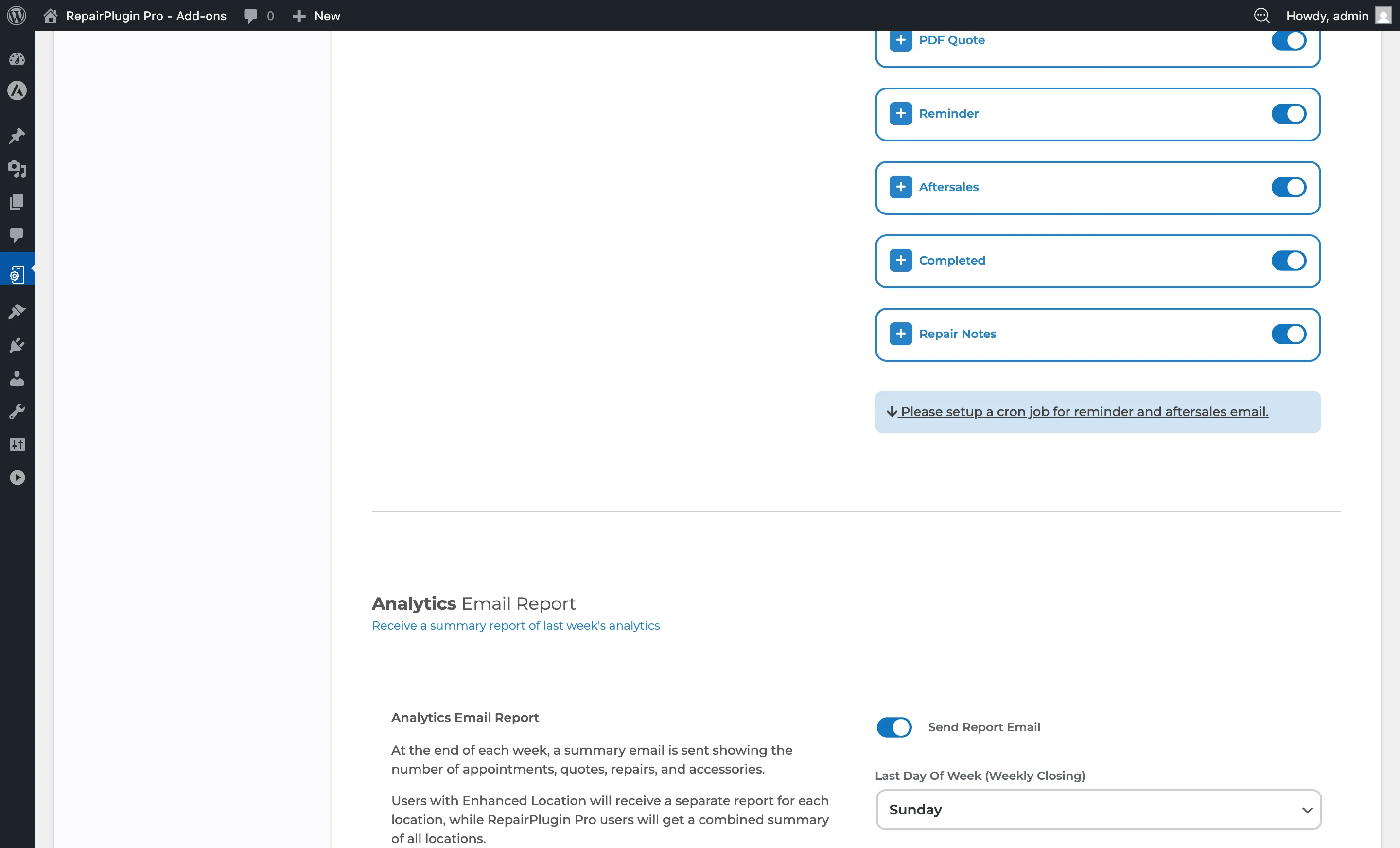 The PDF Quotes section showing the enable switch, expiration days, form field settings, and quote fee option