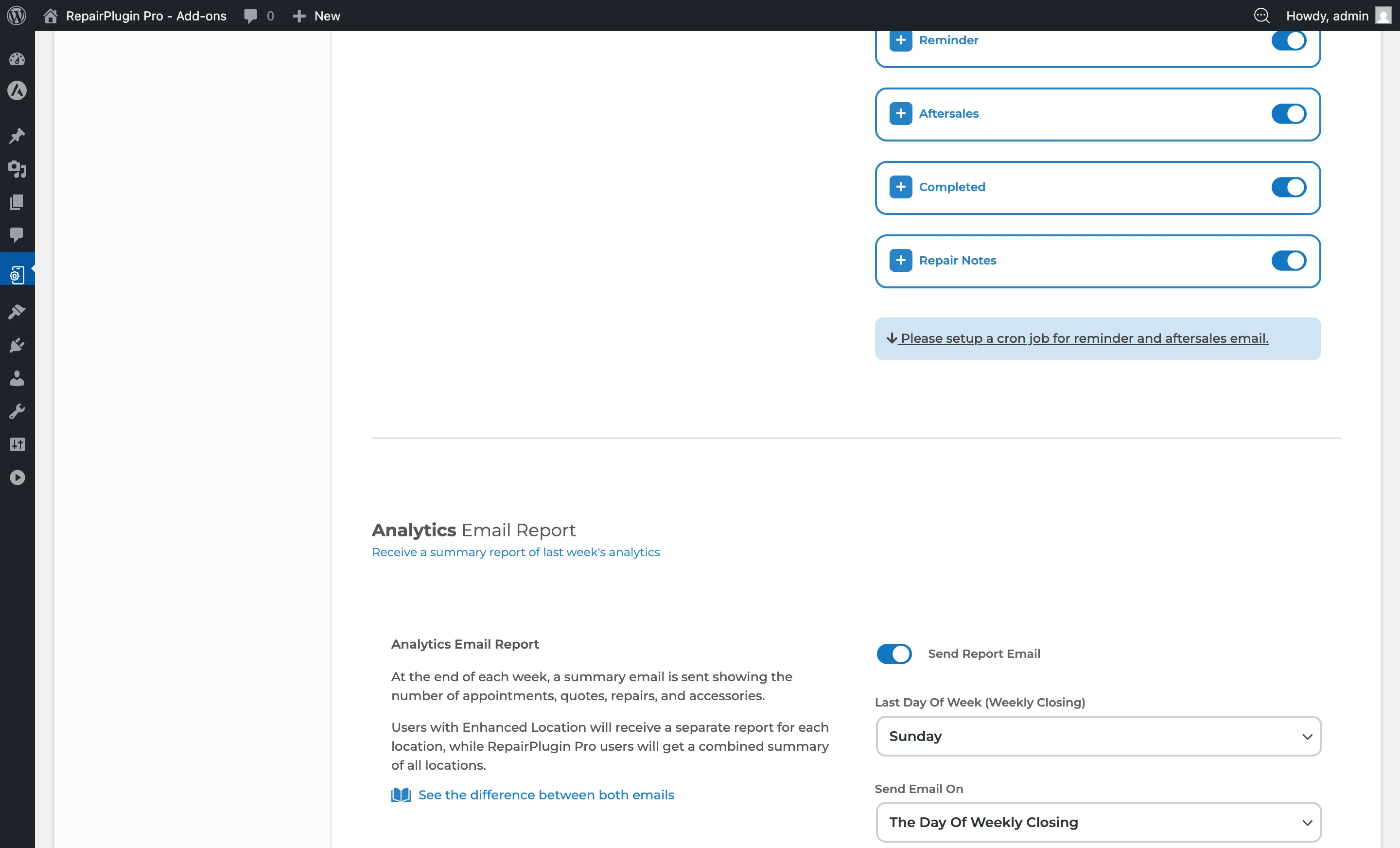Die aufgeklappte Erinnerungsbenachrichtigung mit dem Stunden-vorher-Feld, E-Mail-Betreff, Nachrichteneditor und Duplikat-Schalter