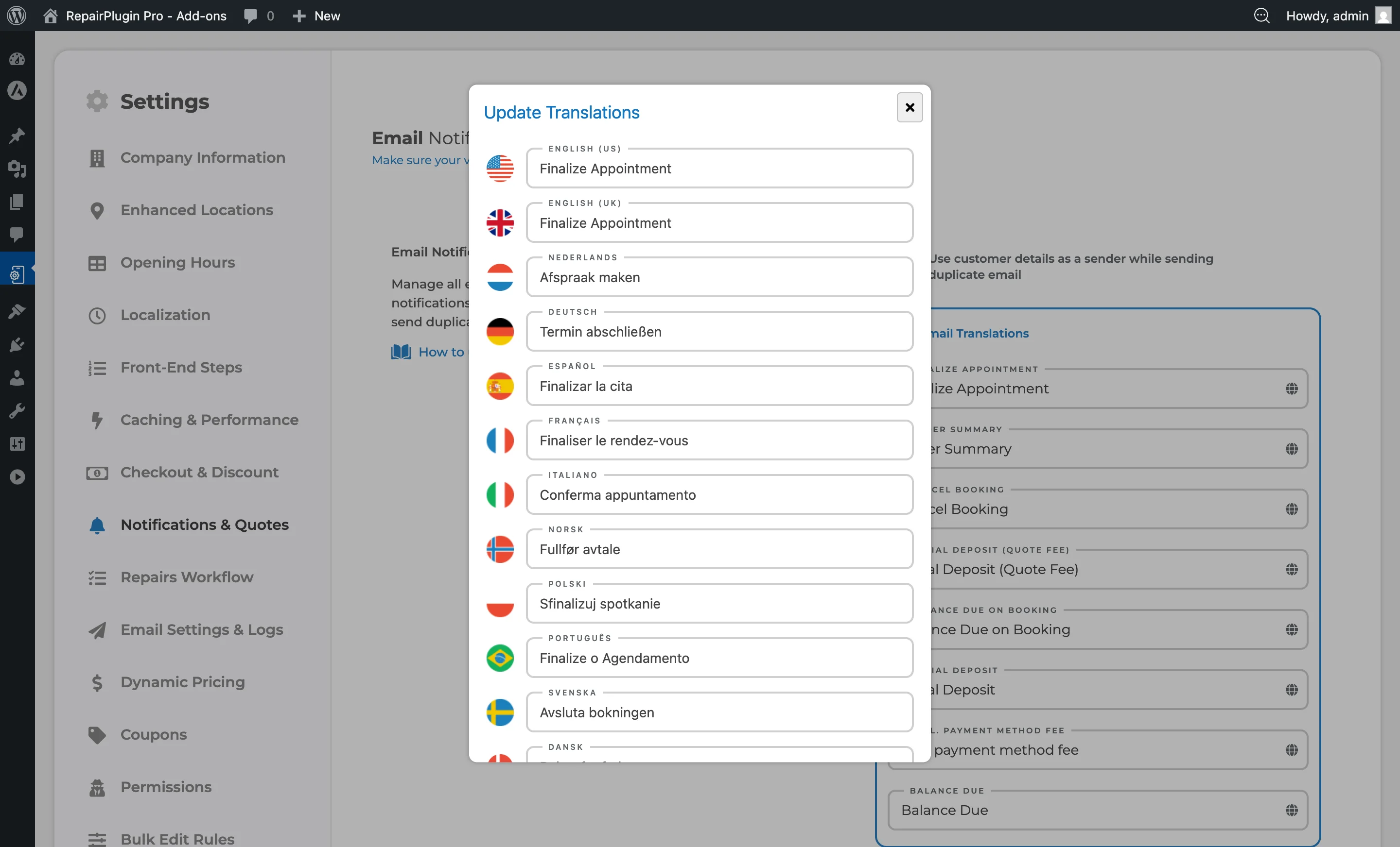 The translation popup showing input fields for each active language, accessed by clicking the globe icon